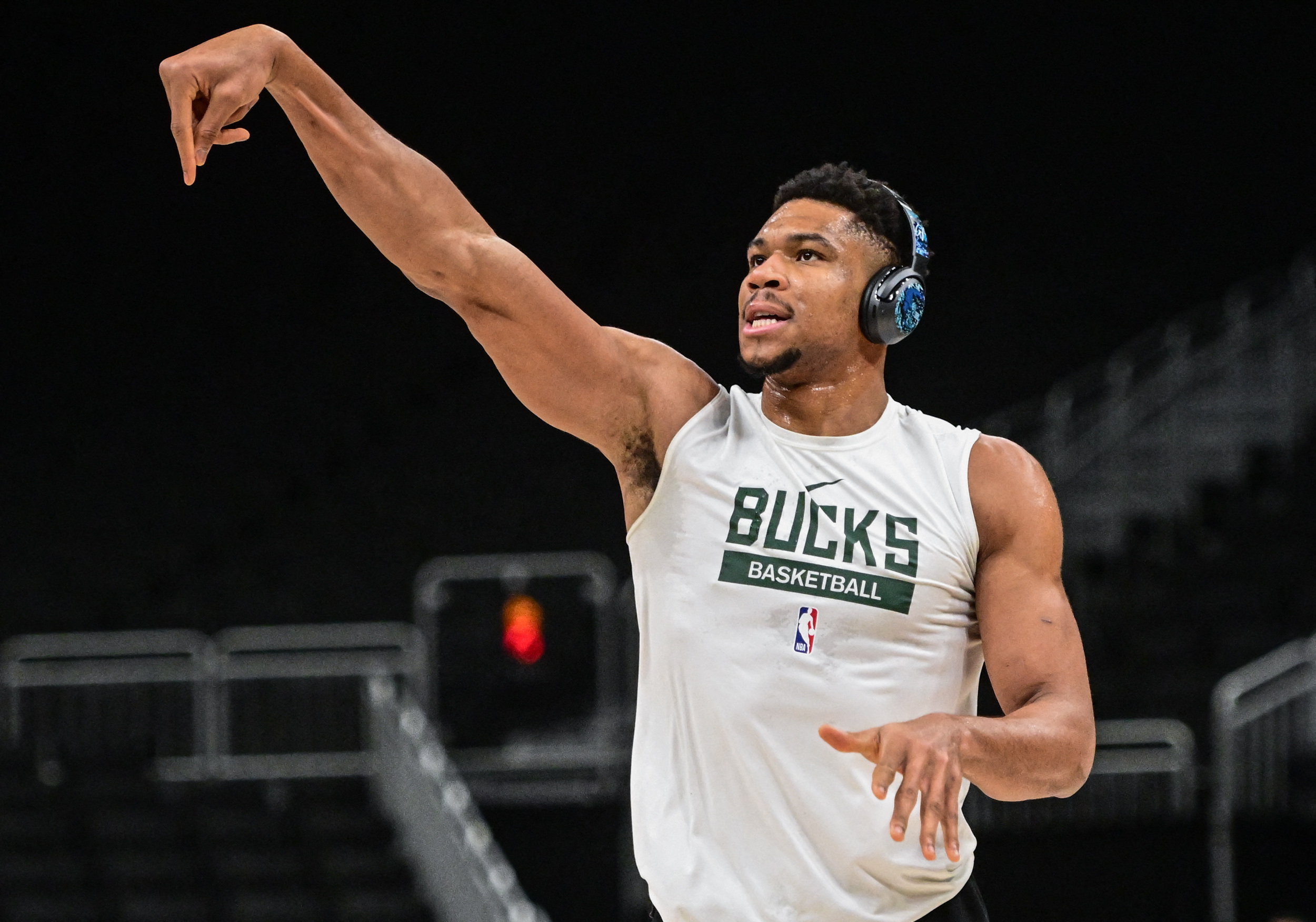 Jan 16, 2023; Milwaukee, Wisconsin, USA; Milwaukee Bucks forward Giannis Antetokounmpo (34) warms up before game against the Indiana Pacers at Fiserv Forum but did not play. Mandatory Credit: Benny Sieu-USA TODAY Sports