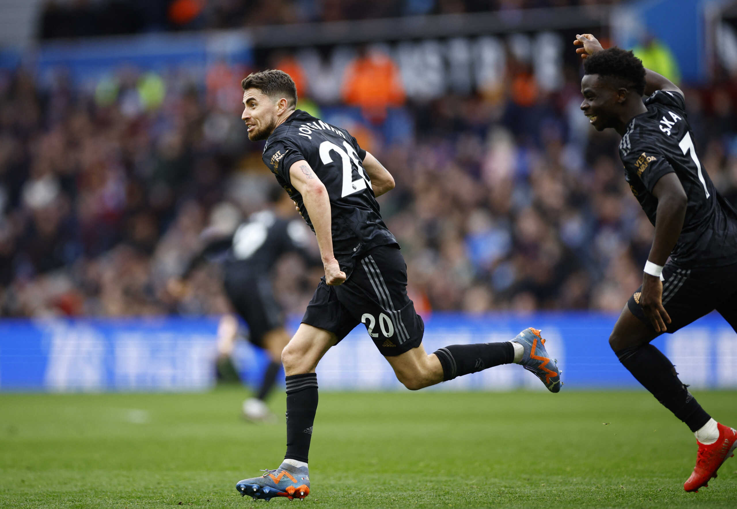 Soccer Football - Premier League - Aston Villa v Arsenal - Villa Park, Birmingham, Britain - February 18, 2023 Arsenal's Jorginho celebrates their third goal, an own goal scored by Aston Villa's Emiliano Martinez Action Images via Reuters