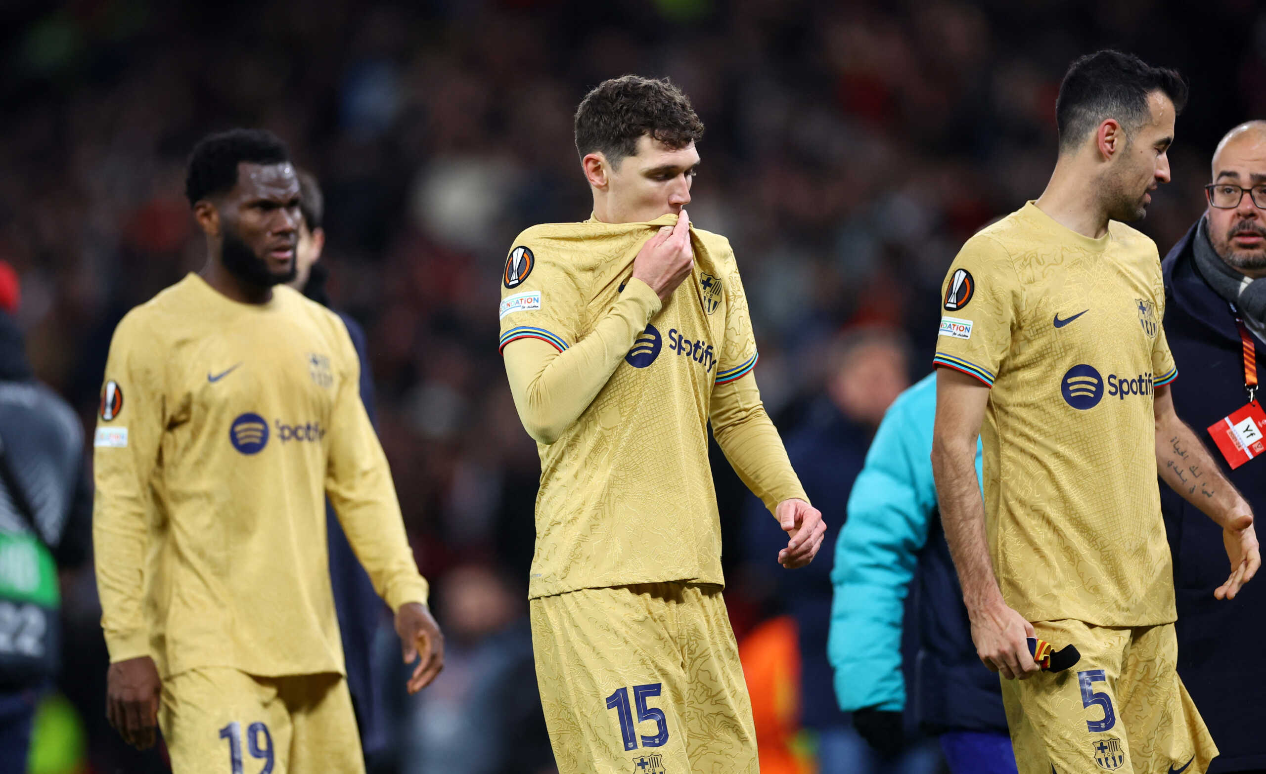 Soccer Football - Europa League - Play-Off Second Leg - Manchester United v FC Barcelona - Old Trafford, Manchester, Britain - February 23, 2023 FC Barcelona's Andreas Christensen looks dejected after the match REUTERS