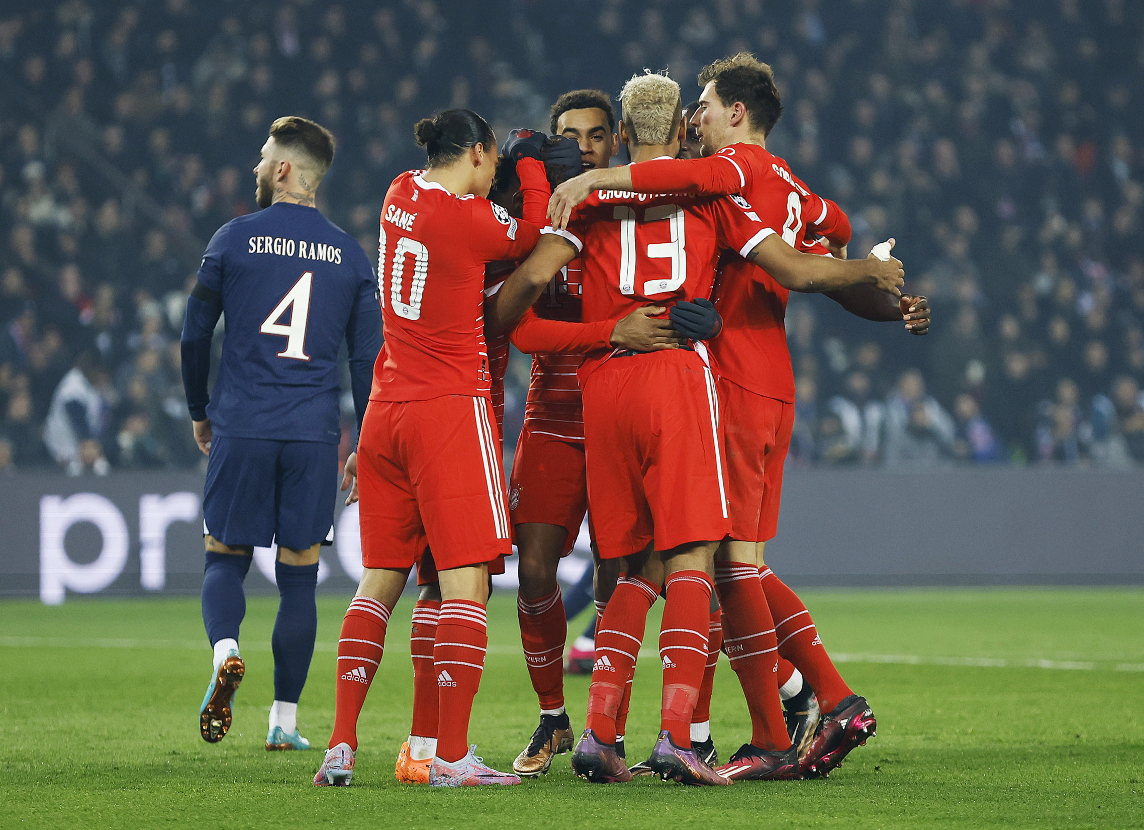 Soccer Football - Champions League - Round of 16 First Leg - Paris St Germain v Bayern Munich - Parc des Princes, Paris, France - February 14, 2023  Bayern Munich's Kingsley Coman celebrates scoring their first goal with teammates REUTERS
