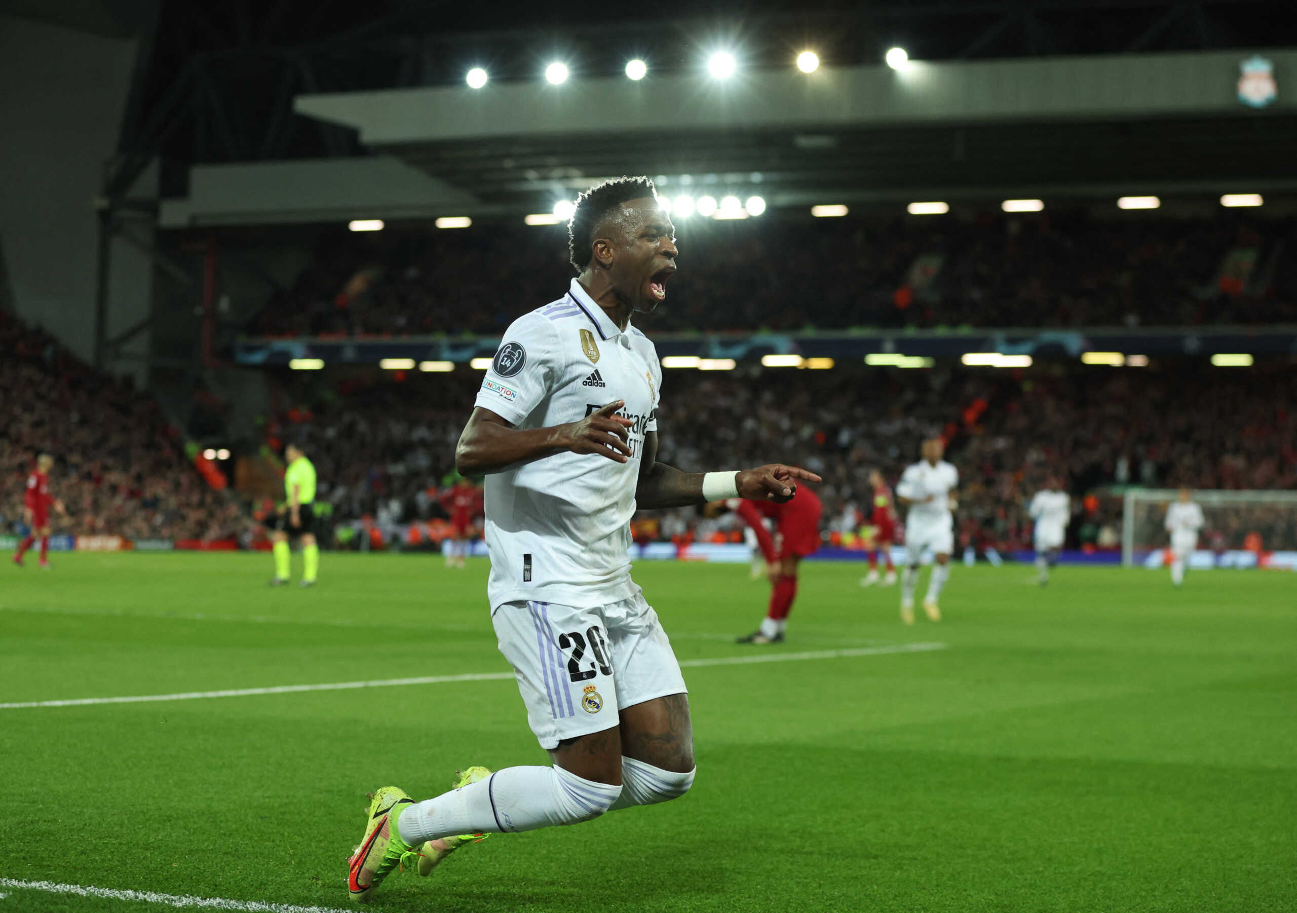 Soccer Football - Champions League - Round of 16 First Leg - Liverpool v Real Madrid - Anfield, Liverpool, Britain - February 21, 2023  Real Madrid's Vinicius Junior celebrates scoring their second goal REUTERS