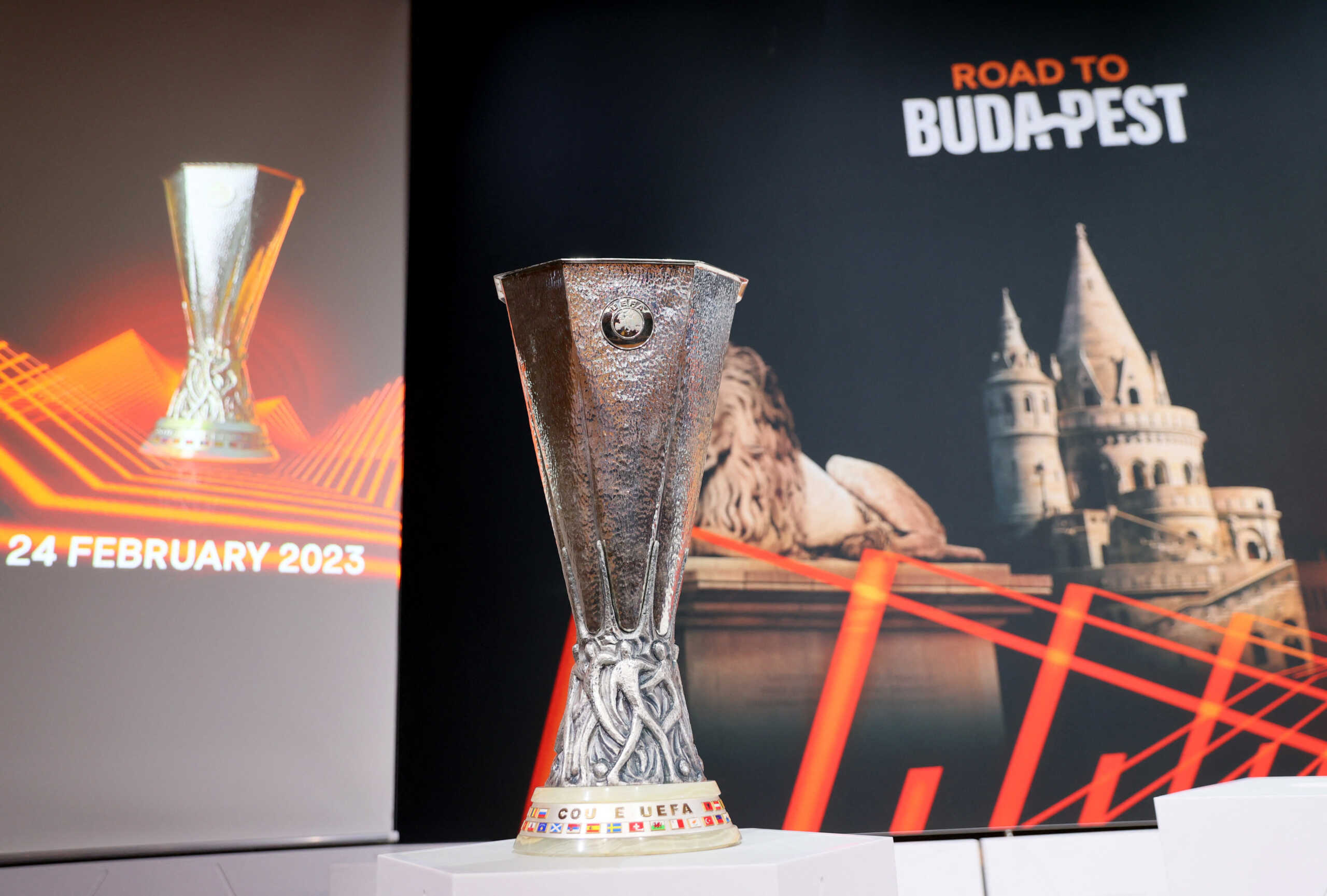 Soccer Football - Europa League - Round of 16 Draw - Nyon, Switzerland - February 24, 2023 General view of the Europa League trophy before the draw REUTERS