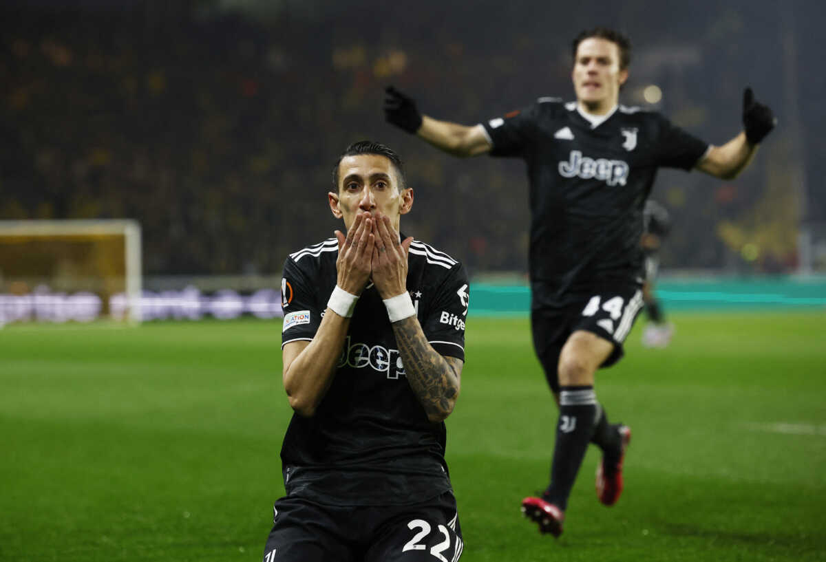 Soccer Football - Europa League - Play-Off Second Leg - Nantes v Juventus - The Stade de la Beaujoire - Louis Fonteneau, Nantes, France - February 23, 2023 Juventus' Angel Di Maria celebrates scoring their first goal REUTERS