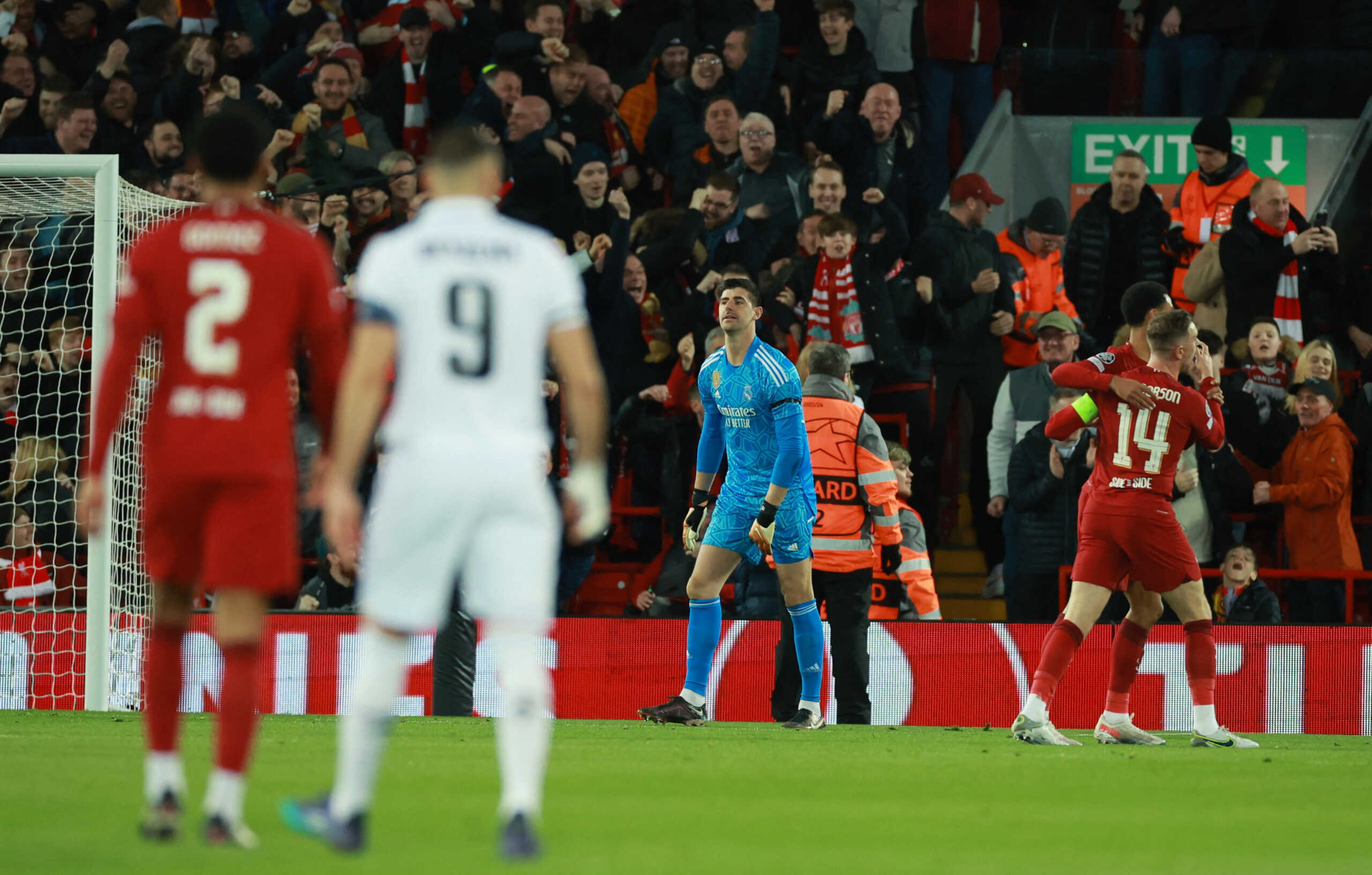 Soccer Football - Champions League - Round of 16 First Leg - Liverpool v Real Madrid - Anfield, Liverpool, Britain - February 21, 2023  Real Madrid's Thibaut Courtois looks dejected after Liverpool's Mohamed Salah scores their second goal REUTERS