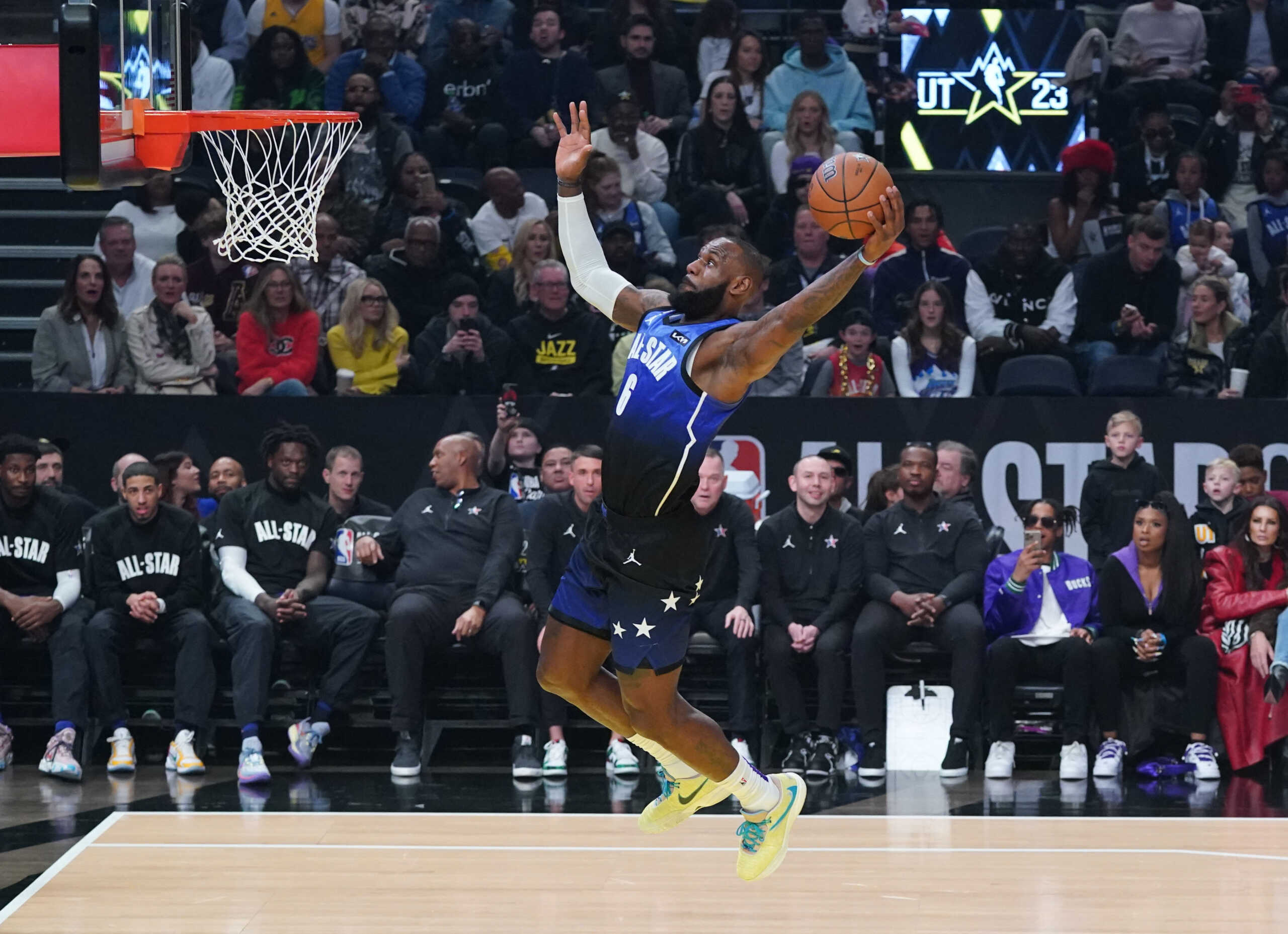 Feb 19, 2023; Salt Lake City, UT, USA; Team LeBron forward LeBron James (6) dunks against Team Giannis in the 2023 NBA All-Star Game at Vivint Arena. Mandatory Credit: Kyle Terada-USA TODAY Sports