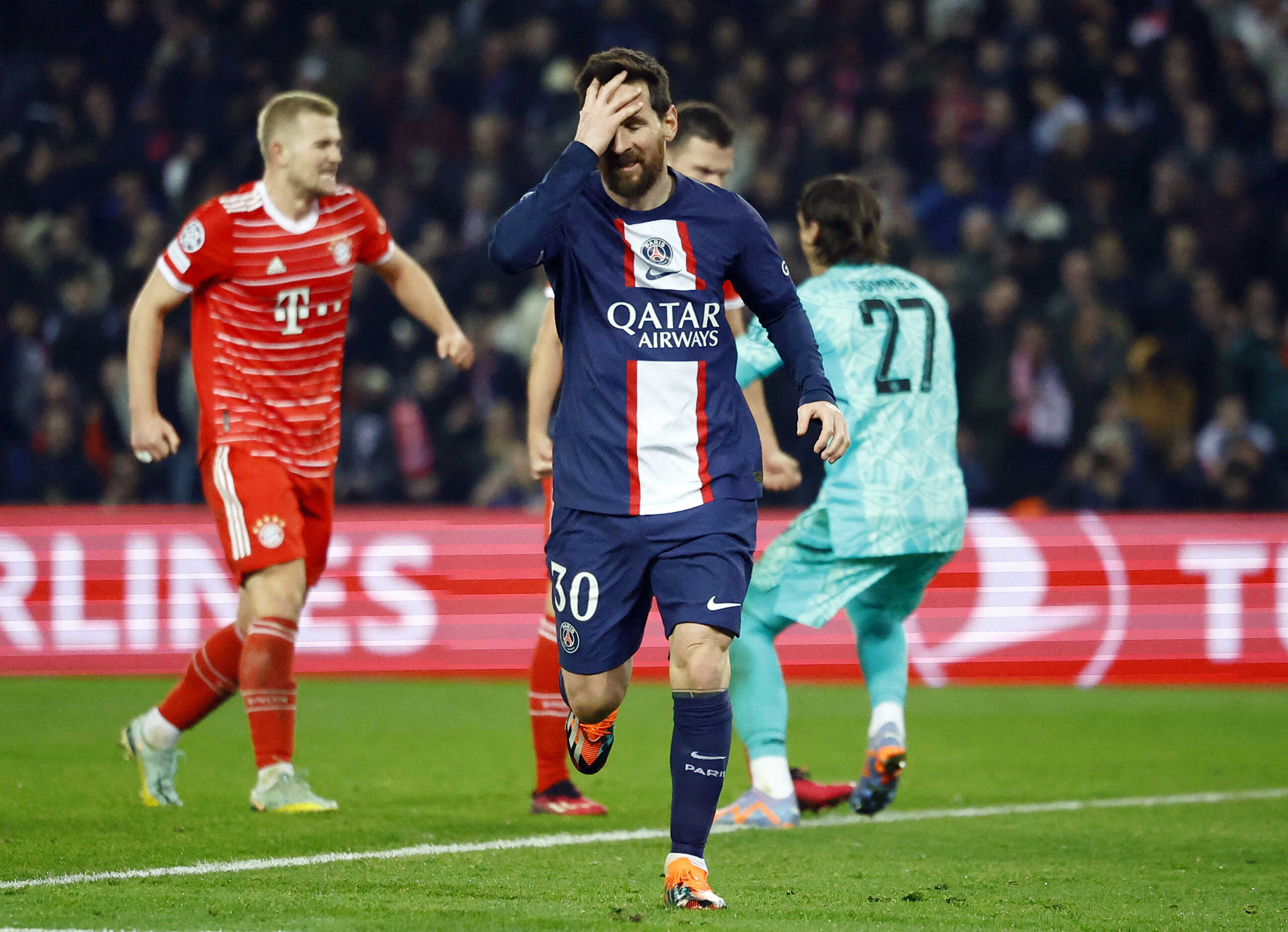 Soccer Football - Champions League - Round of 16 First Leg - Paris St Germain v Bayern Munich - Parc des Princes, Paris, France - February 14, 2023  Paris St Germain's Lionel Messi reacts REUTERS