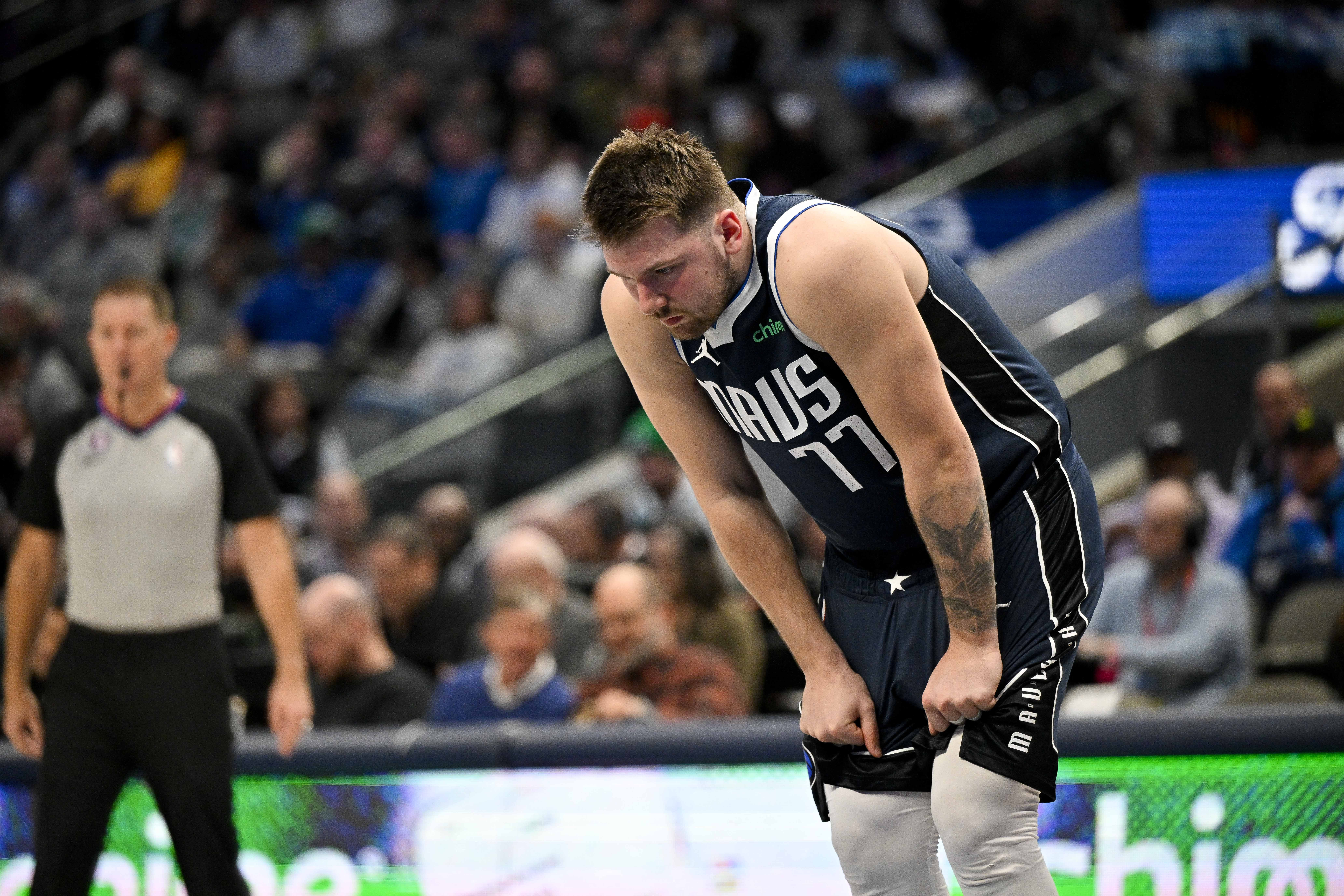 Feb 2, 2023; Dallas, Texas, USA; Dallas Mavericks guard Luka Doncic (77) waits for play to resume against the New Orleans Pelicans during the second half at the American Airlines Center. Mandatory Credit: Jerome Miron-USA TODAY Sports