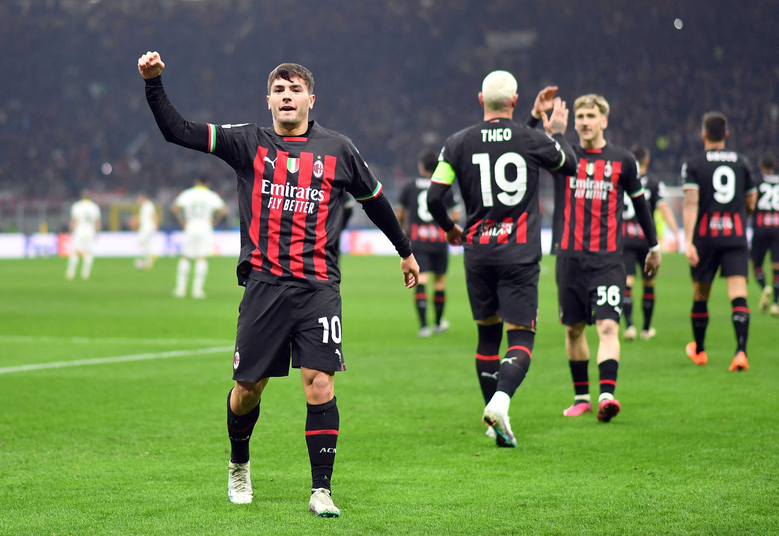 Soccer Football - Champions League - Round of 16 First Leg - AC Milan v Tottenham Hotspur - San Siro, Milan, Italy - February 14, 2023  AC Milan's Brahim Diaz celebrates scoring their first goal REUTERS