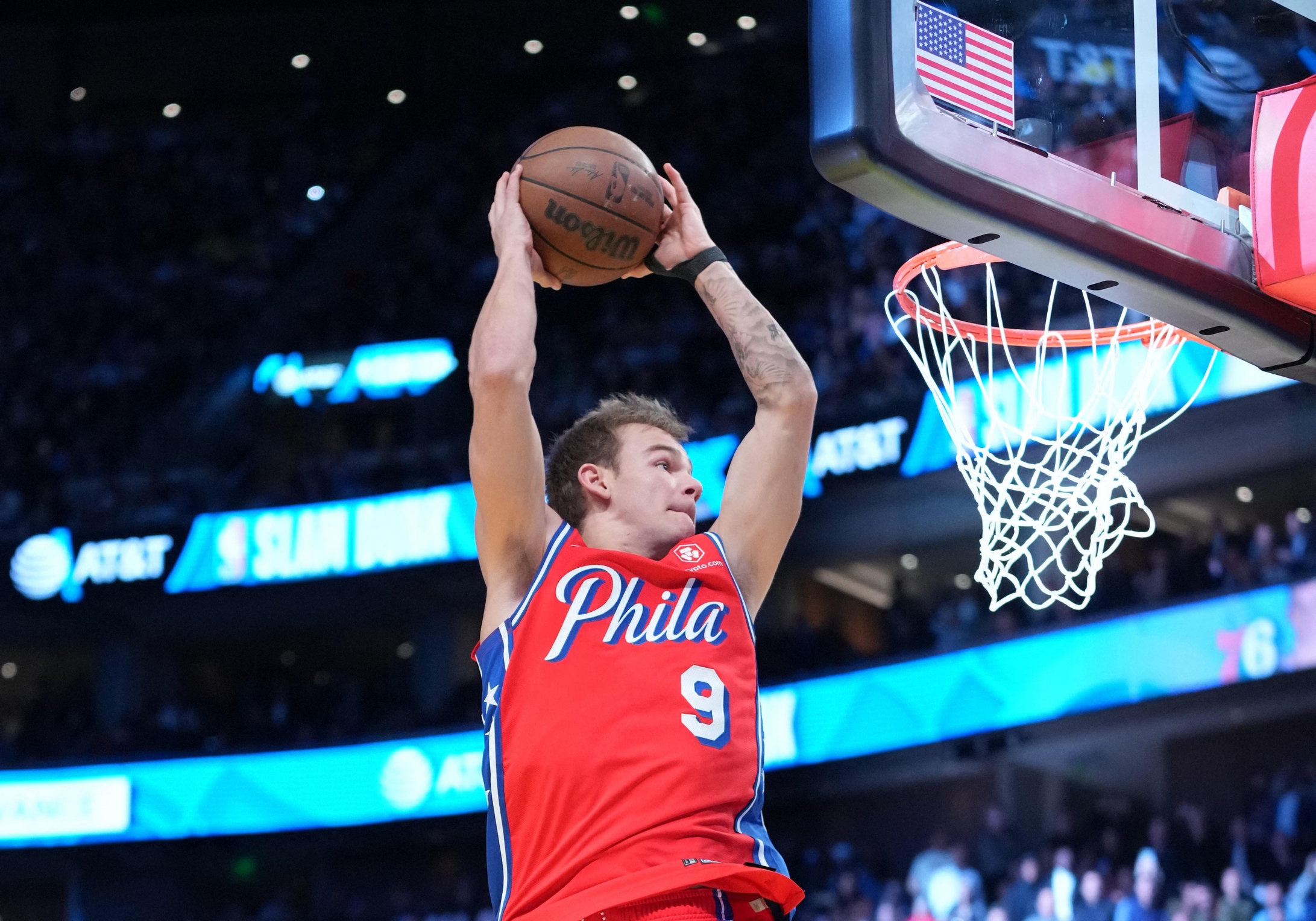 Feb 18, 2023; Salt Lake City, UT, USA; Philadelphia 76ers guard Mac McClung (9) competes in the Dunk Contest during the 2023 All Star Saturday Night at Vivint Arena. Mandatory Credit: Kyle Terada-USA TODAY Sports