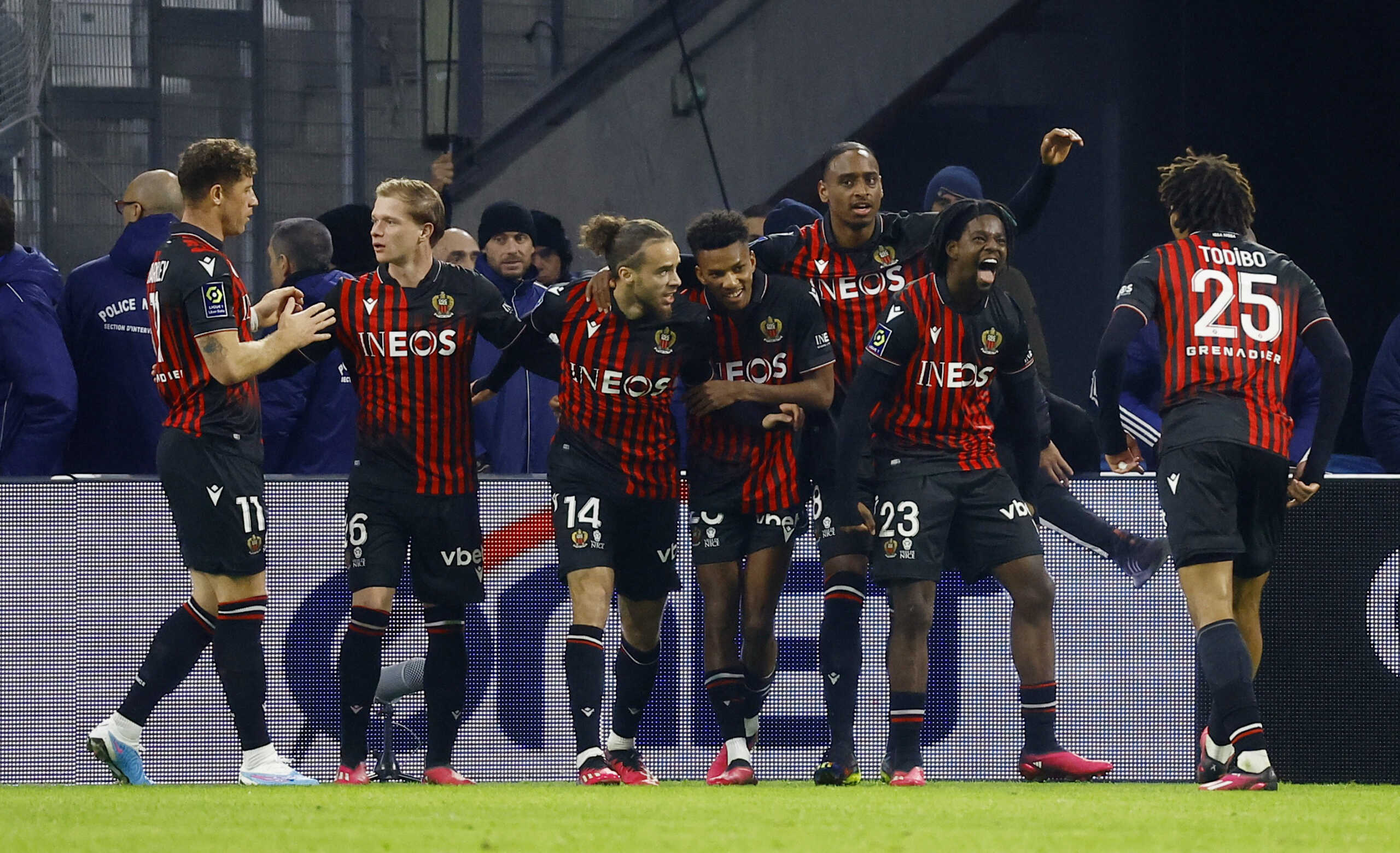 Soccer Football - Ligue 1 - Olympique de Marseille v OGC Nice - Orange Velodrome, Marseille, France - February 5, 2023 OGC Nice's Bilal Brahimi celebrates scoring their third goal with teammates REUTERS
