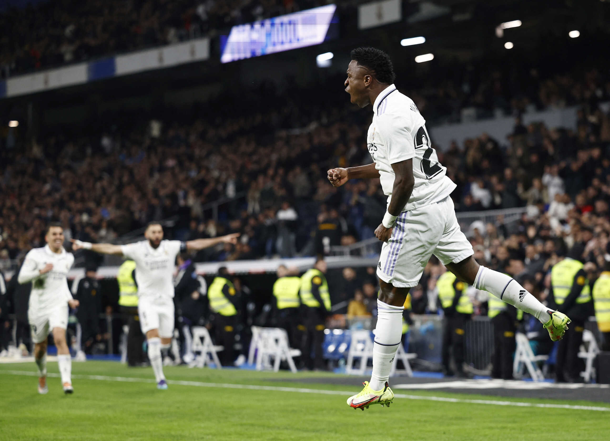 Soccer Football - LaLiga - Real Madrid v Valencia - Santiago Bernabeu, Madrid, Spain - February 2, 2023 Real Madrid's Vinicius Junior celebrates scoring their second goal with teammates REUTERS