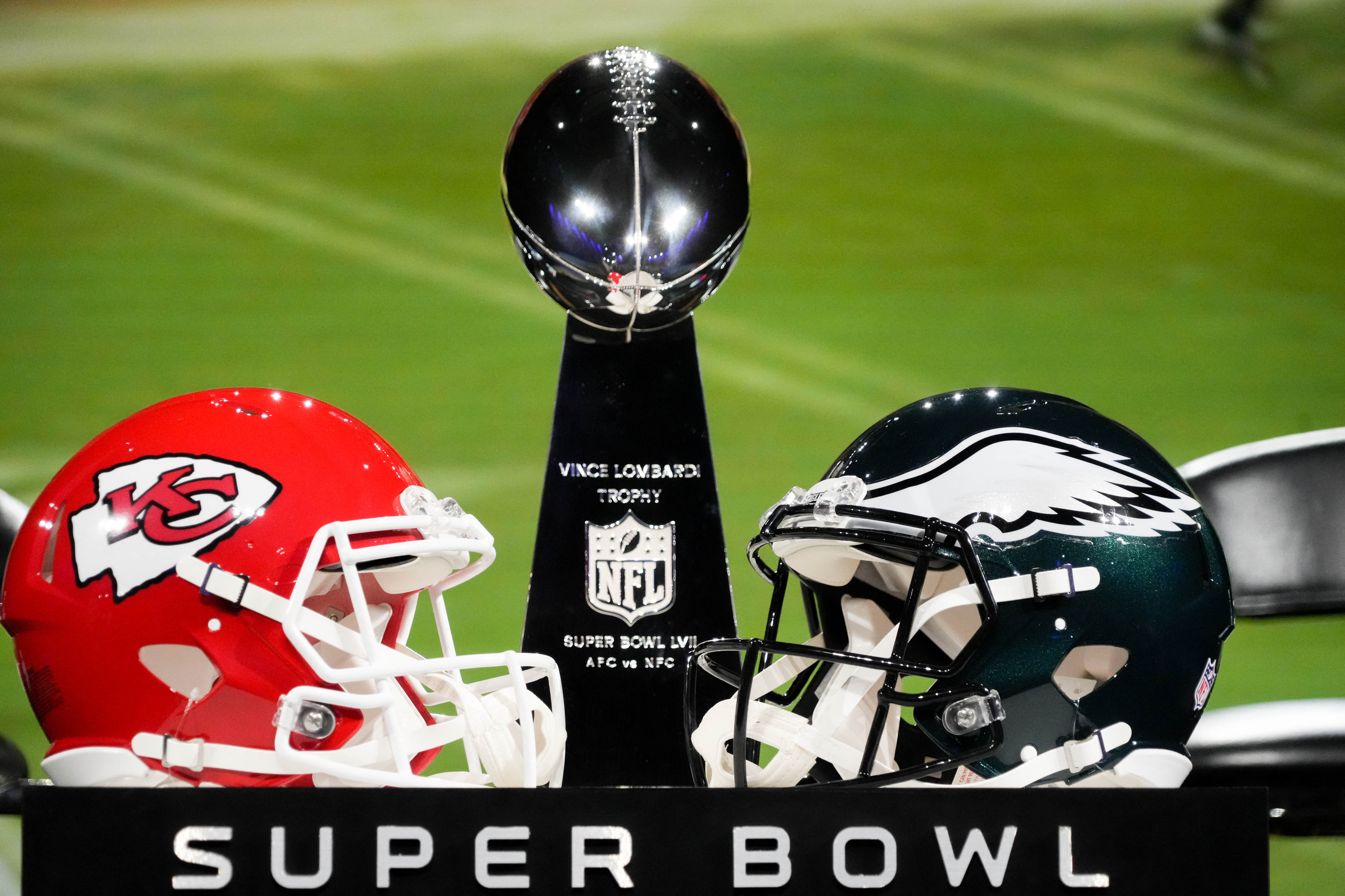 Feb 8, 2023; Phoenix, AZ, USA; Detailed view of the Vince Lombardi Trophy on display before a press conference at Media Center. Mandatory Credit: Kirby Lee-USA TODAY Sports