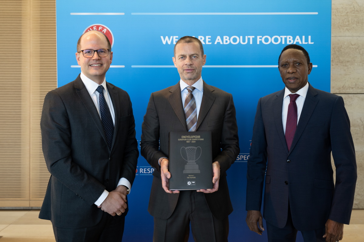 Nyon, Switzerland- January 31st: President Čeferin meets with president of the International Basketball Federation (FIBA), Hamane Niang, at the UEFA Headquarters, The House of the European Football, on January 26th 2023. (Photo by Kristian Skeie - UEFA