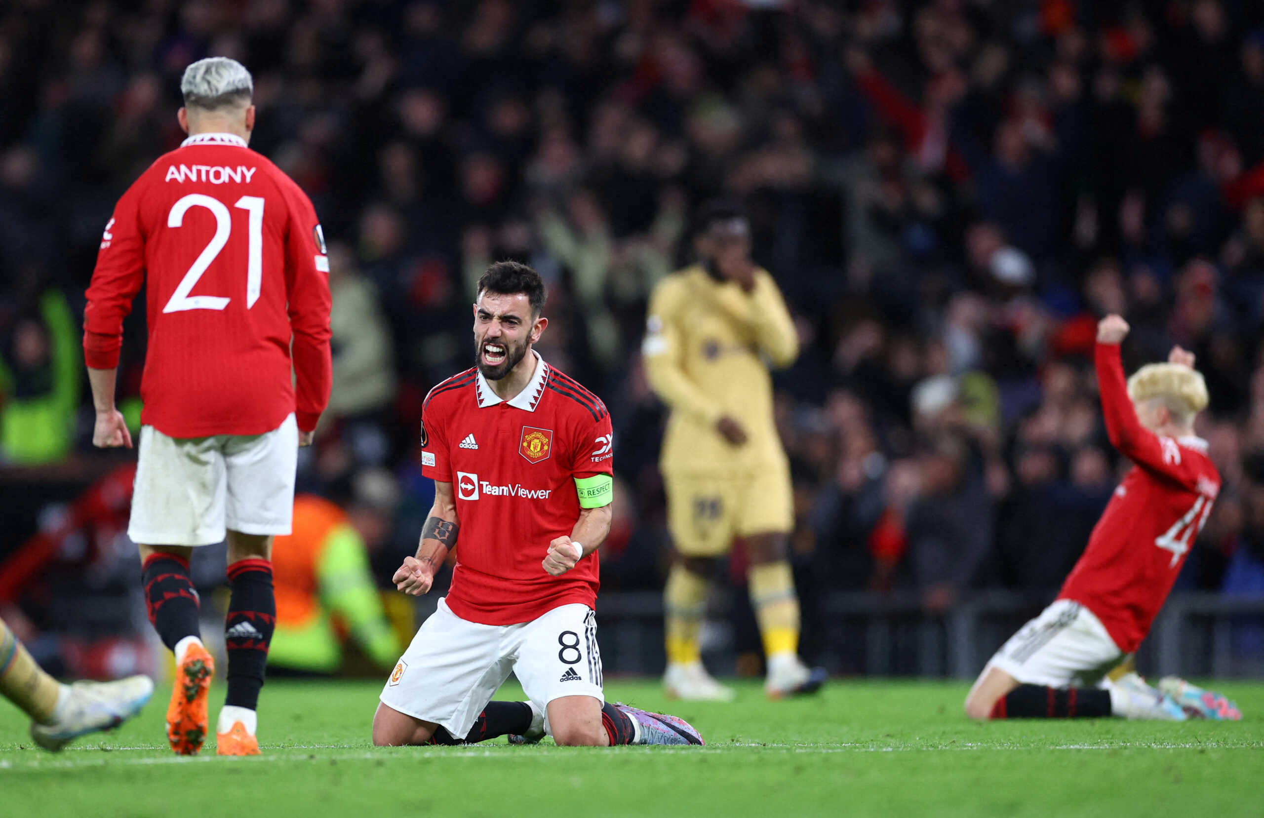 Soccer Football - Europa League - Play-Off Second Leg - Manchester United v FC Barcelona - Old Trafford, Manchester, Britain - February 23, 2023 Manchester United's Bruno Fernandes celebrates after the match REUTERS