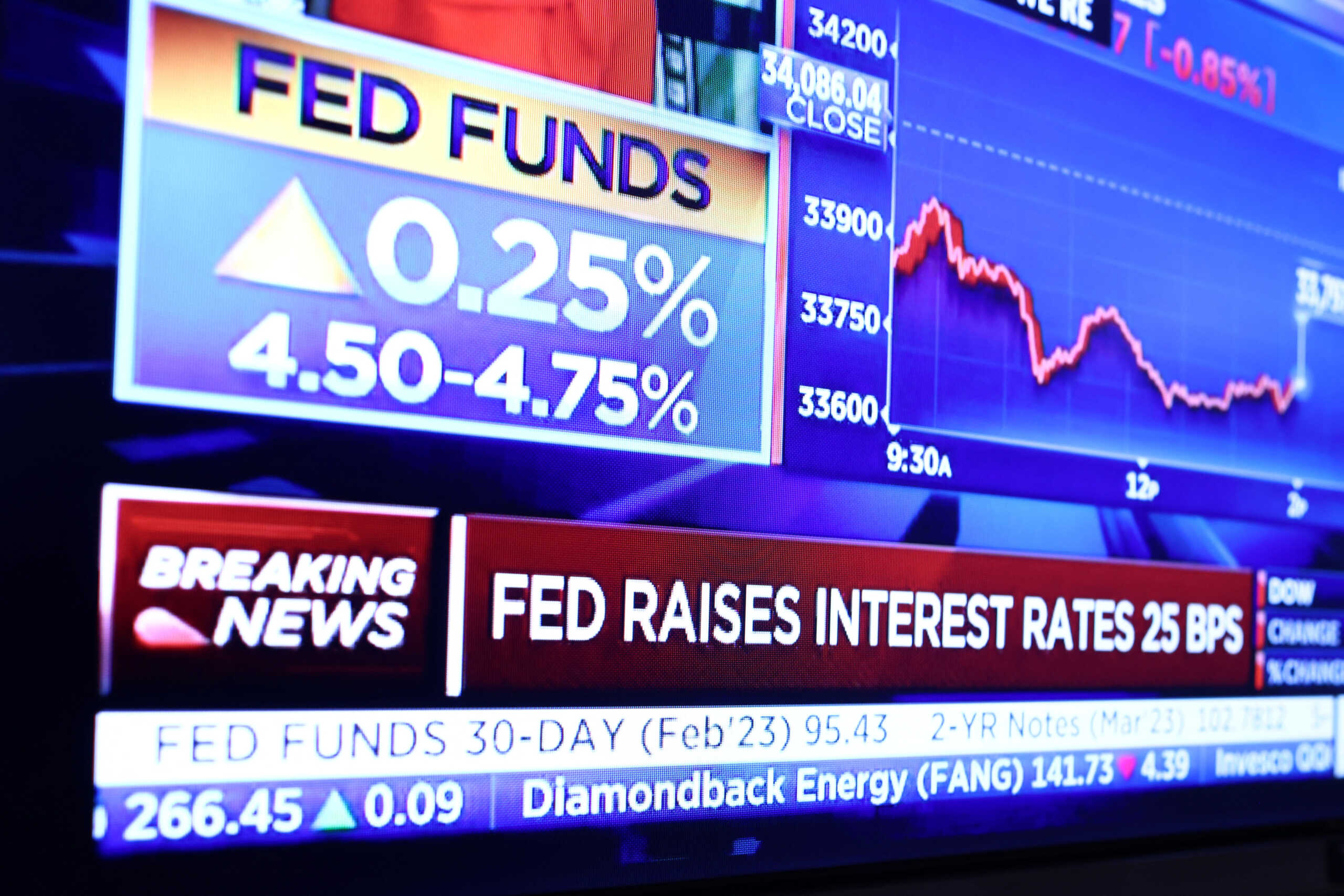 The Fed rate announcement is seen on the floor of the New York Stock Exchange (NYSE) in New York City, U.S., February 1, 2023. REUTERS