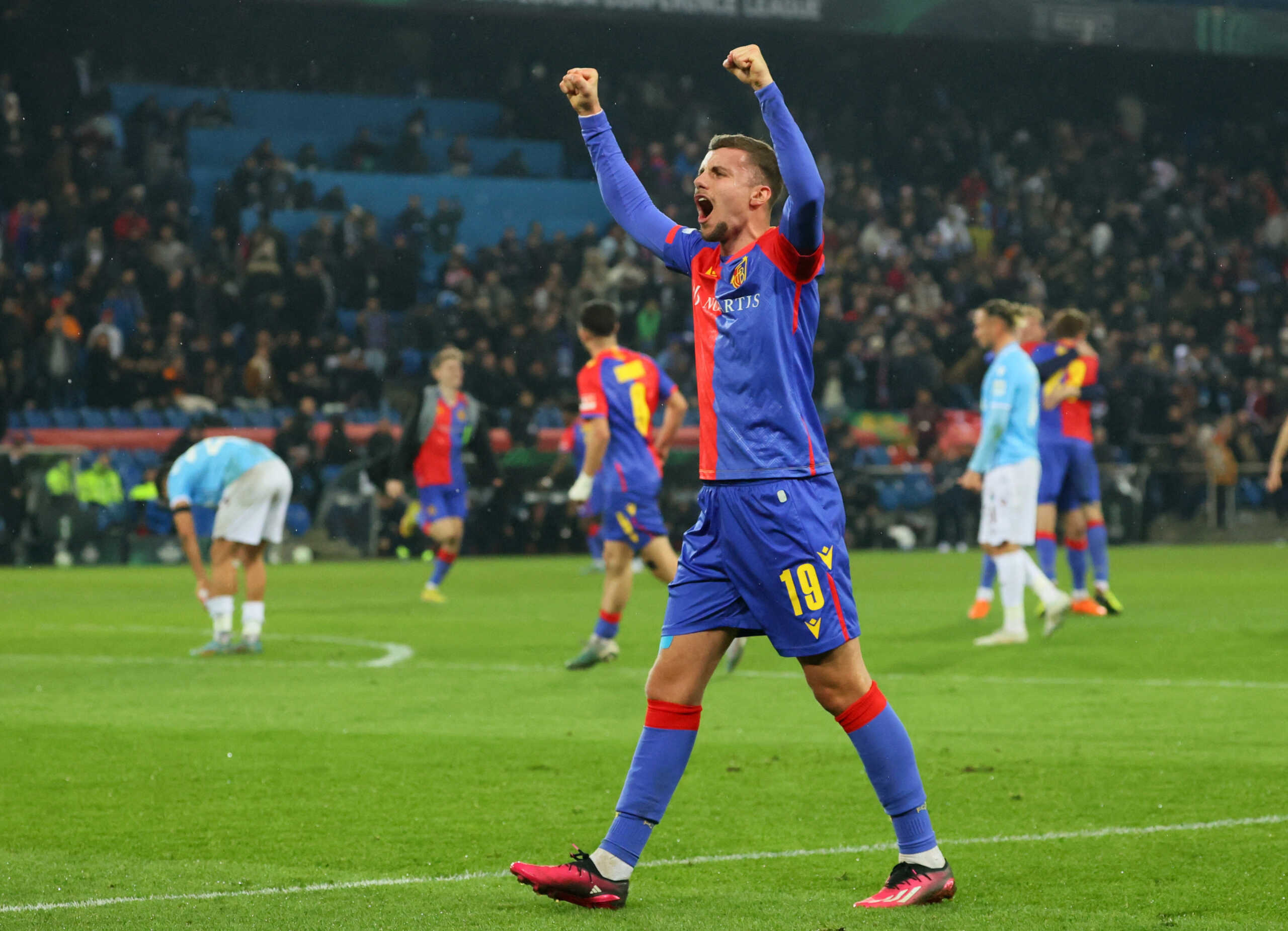 Soccer Football - Europa Conference League - Play-Off Second Leg - Basel v Trabzonspor - St. Jakob-Park, Basel, Switzerland - February 23, 2023 Basel's Darian Males celebrates after the match REUTERS