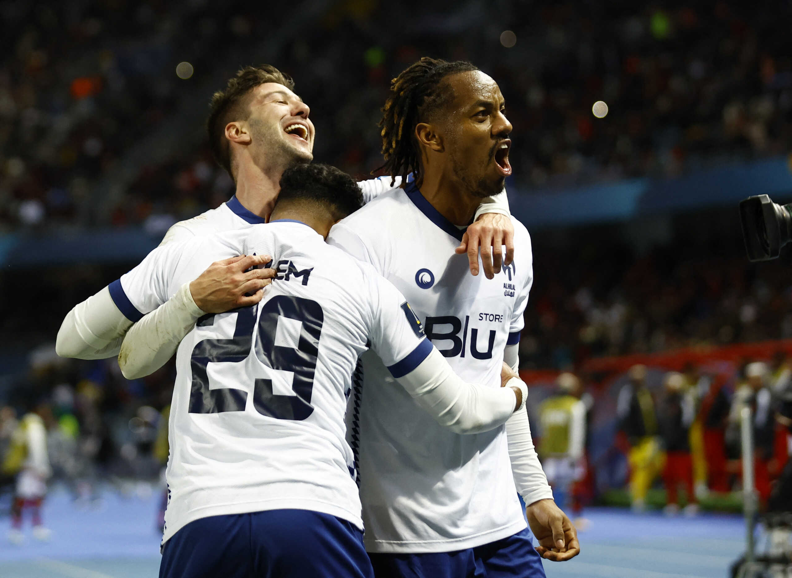 Soccer Football - Club World Cup - Semi Final - Flamengo v Al Hilal - Grand Stade de Tanger, Tangier, Morocco - February 7, 2023 Al Hilal's Salem Al-Dawsari celebrates scoring their second goal with Luciano Vietto and Andre Carrillo REUTERS