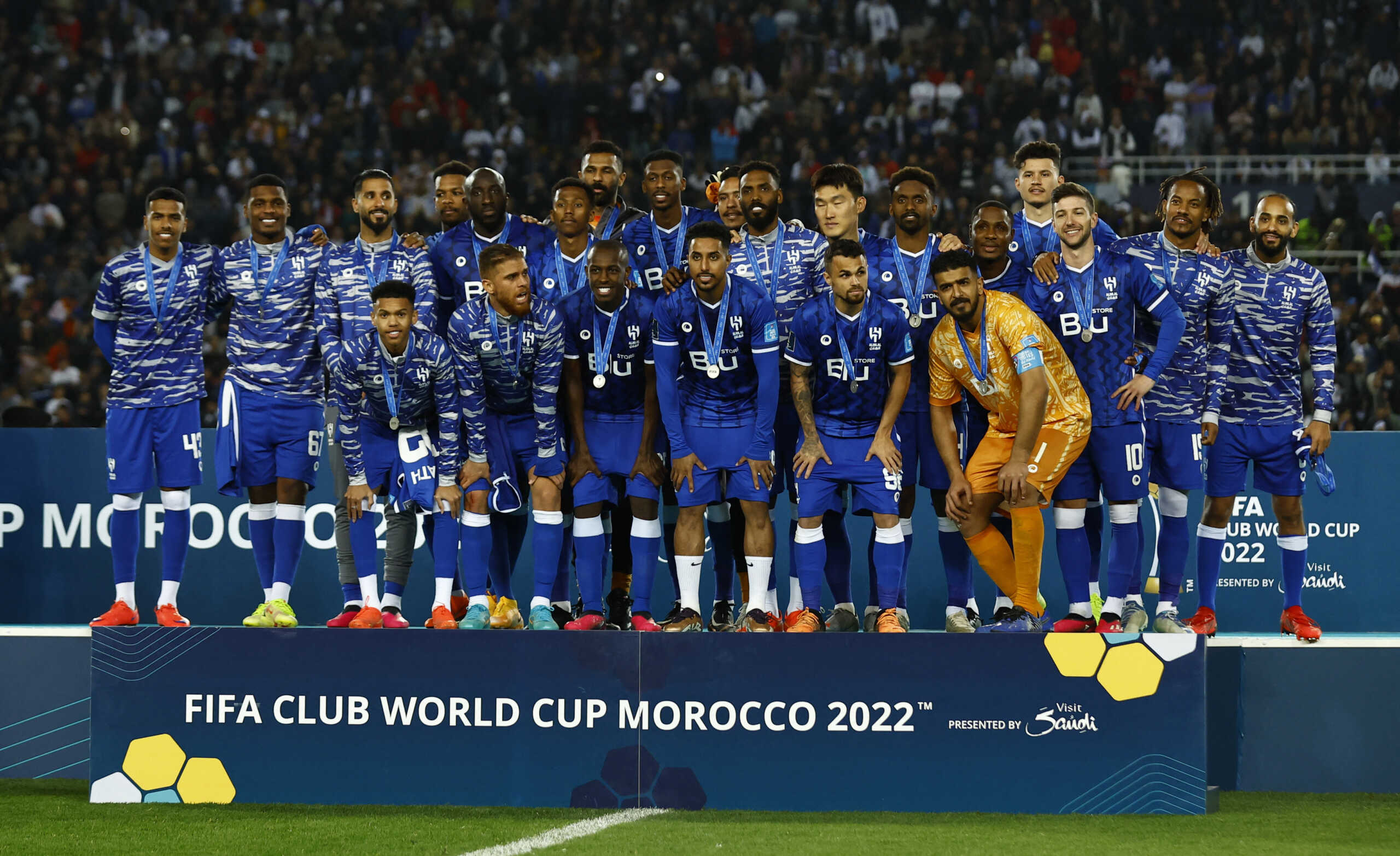 Soccer Football - FIFA Club World Cup - Final - Real Madrid v Al Hilal - Prince Moulay Abdellah Stadium, Rabat, Morocco - February 11, 2023  Al Hilal players celebrate with their second place medals after  the FIFA Club World Cup final Action Images via Reuters