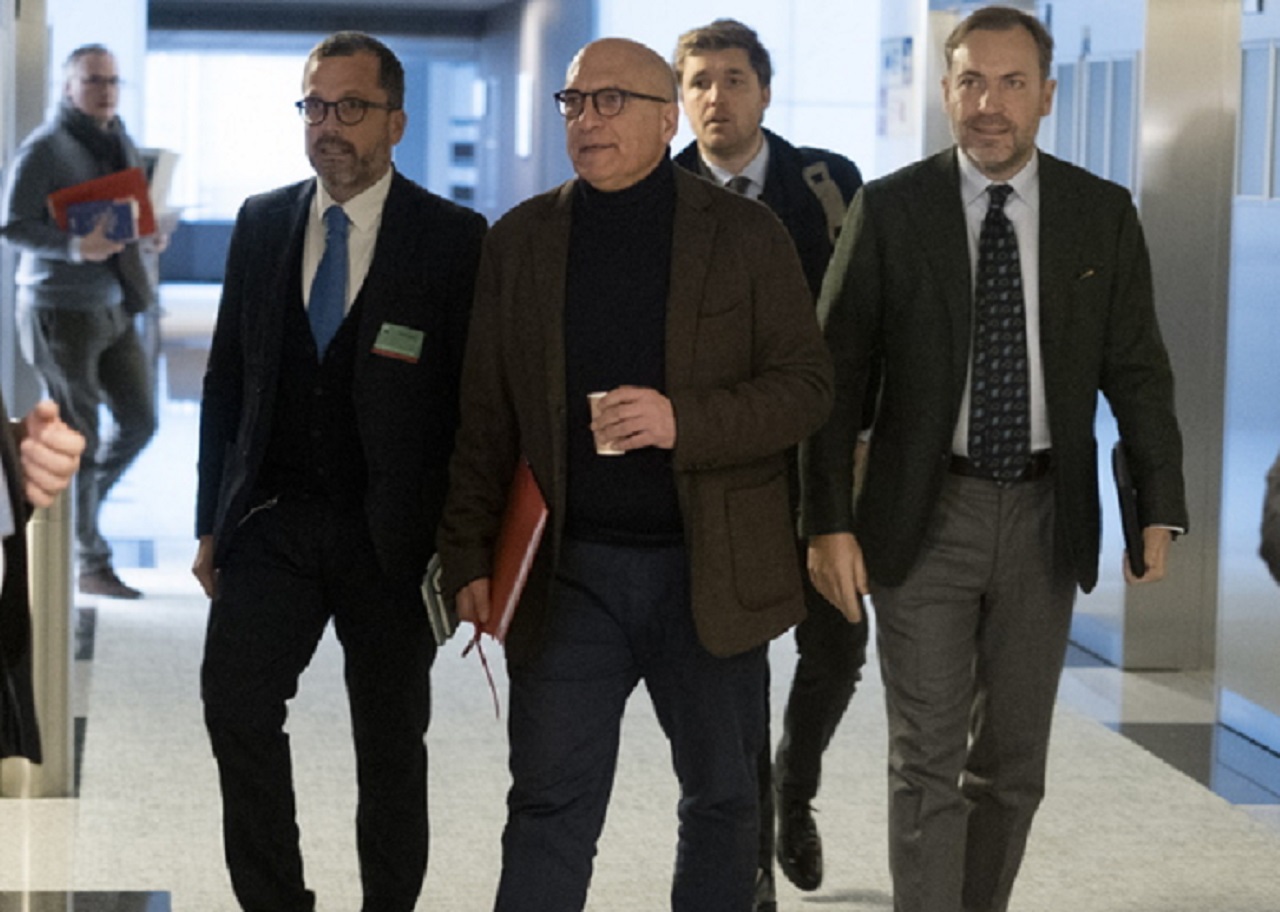 epa10426882  Euro Deputy Andrea Cozzolino (C-L) and his lawyer Federico Conte (C-R) arrive at the European Parliament Committee on legal Affairs before a hearing on the Qatar corruption scandal at the European Parliament and the lifting of parliamentary immunity, at the EU Parliament in Brussels, Belgium 24 January 2023.  EPA