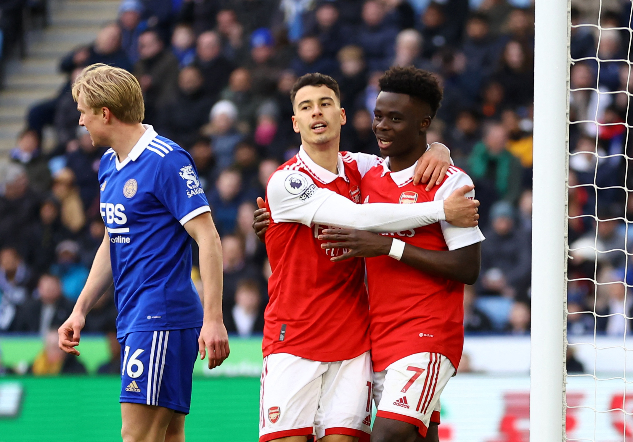 Soccer Football - Premier League - Leicester City v Arsenal - King Power Stadium, Leicester, Britain - February 25, 2023 Arsenal's Bukayo Saka celebrates scoring a disallowed goal with Gabriel Martinelli REUTERS