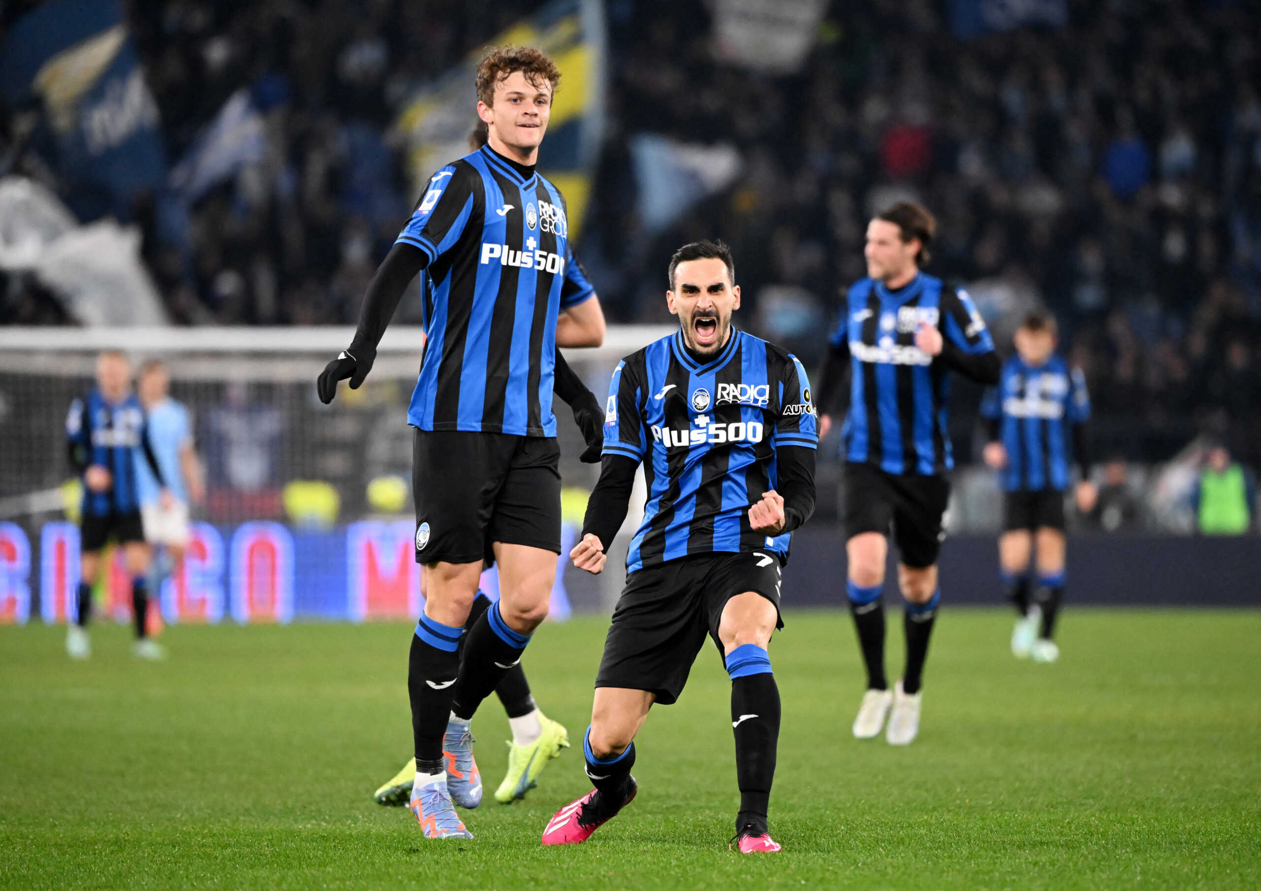 Soccer Football - Serie A - Lazio v Atalanta - Stadio Olimpico, Rome, Italy - February 11, 2023 Atalanta's Davide Zappacosta celebrates scoring their first goal with Giorgio Scalvini REUTERS