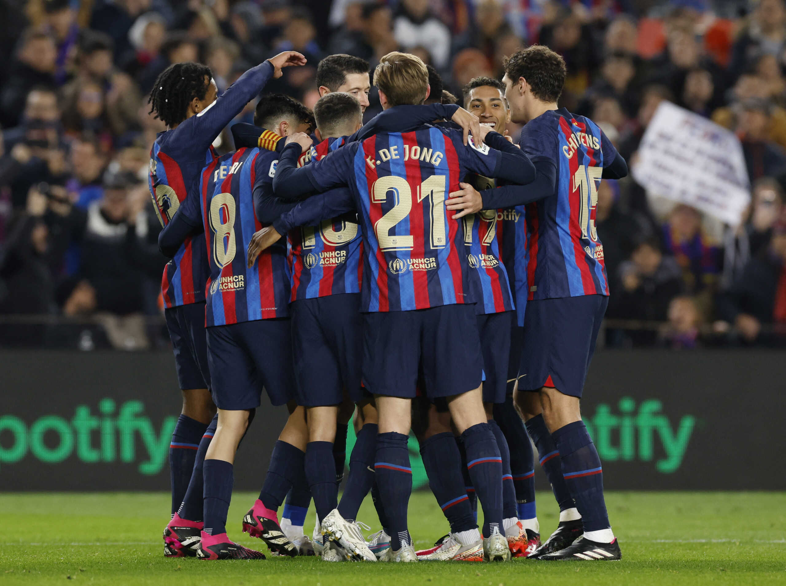 Soccer Football - LaLiga - FC Barcelona v Sevilla - Camp Nou, Barcelona, Spain - February 5, 2023 FC Barcelona's Gavi celebrates scoring their second goal with teammates REUTERS