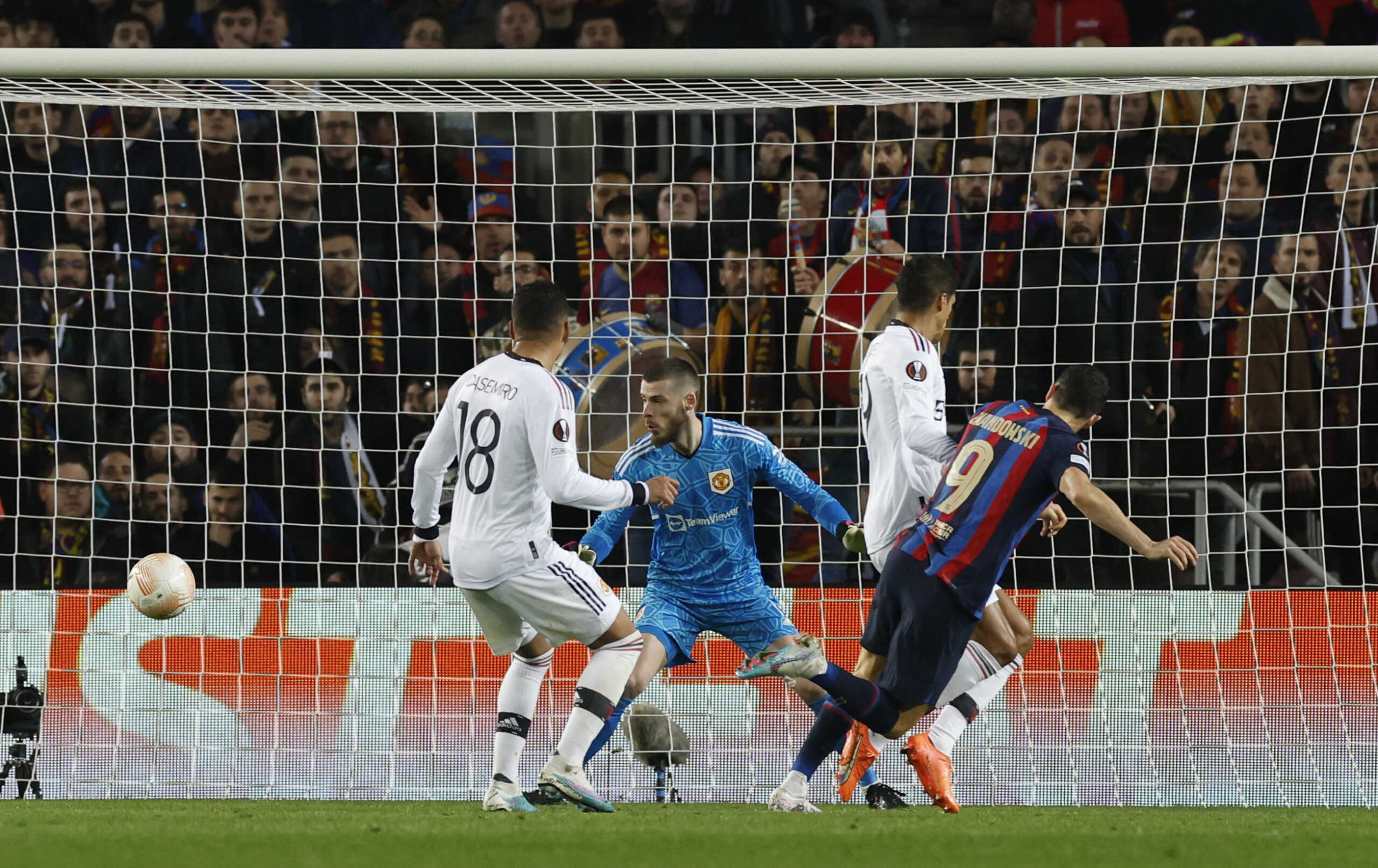 Soccer Football - Europa League - Play-Off First Leg - FC Barcelona v Manchester United - Camp Nou, Barcelona, Spain - February 16, 2023  FC Barcelona's Raphinha (not pictured) scores their second goal REUTERS