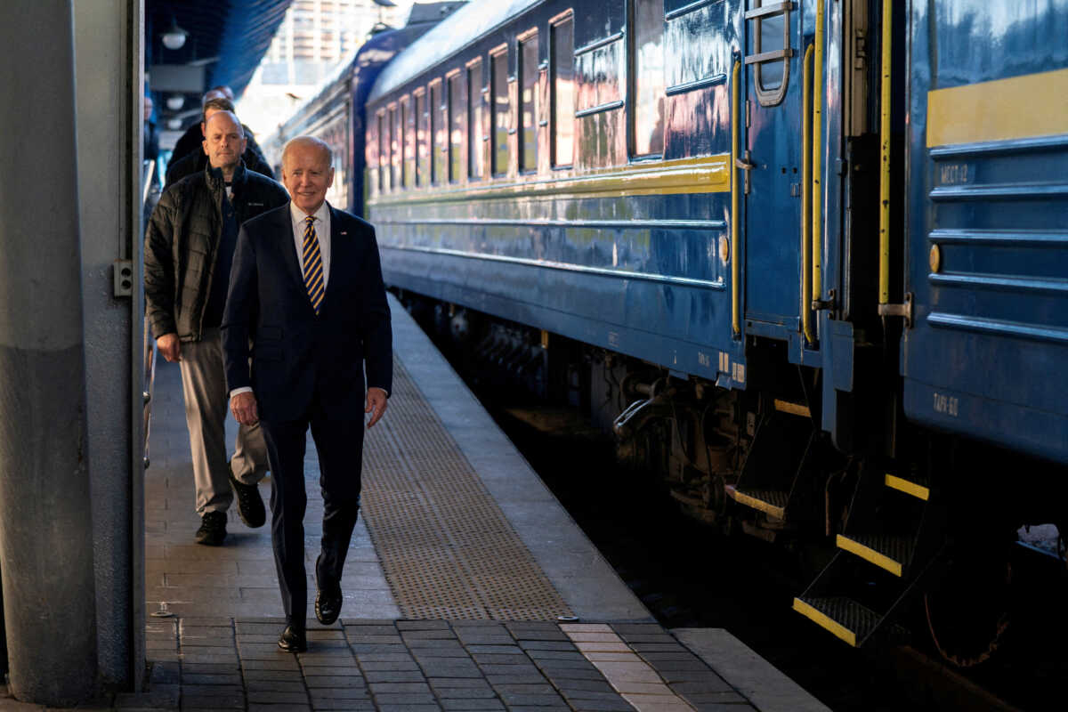 President Joe Biden arrives for a surprise visit with Ukrainian President Volodymyr Zelenskiy, Monday, Feb. 20, 2023, in Kyiv. Evan Vucci