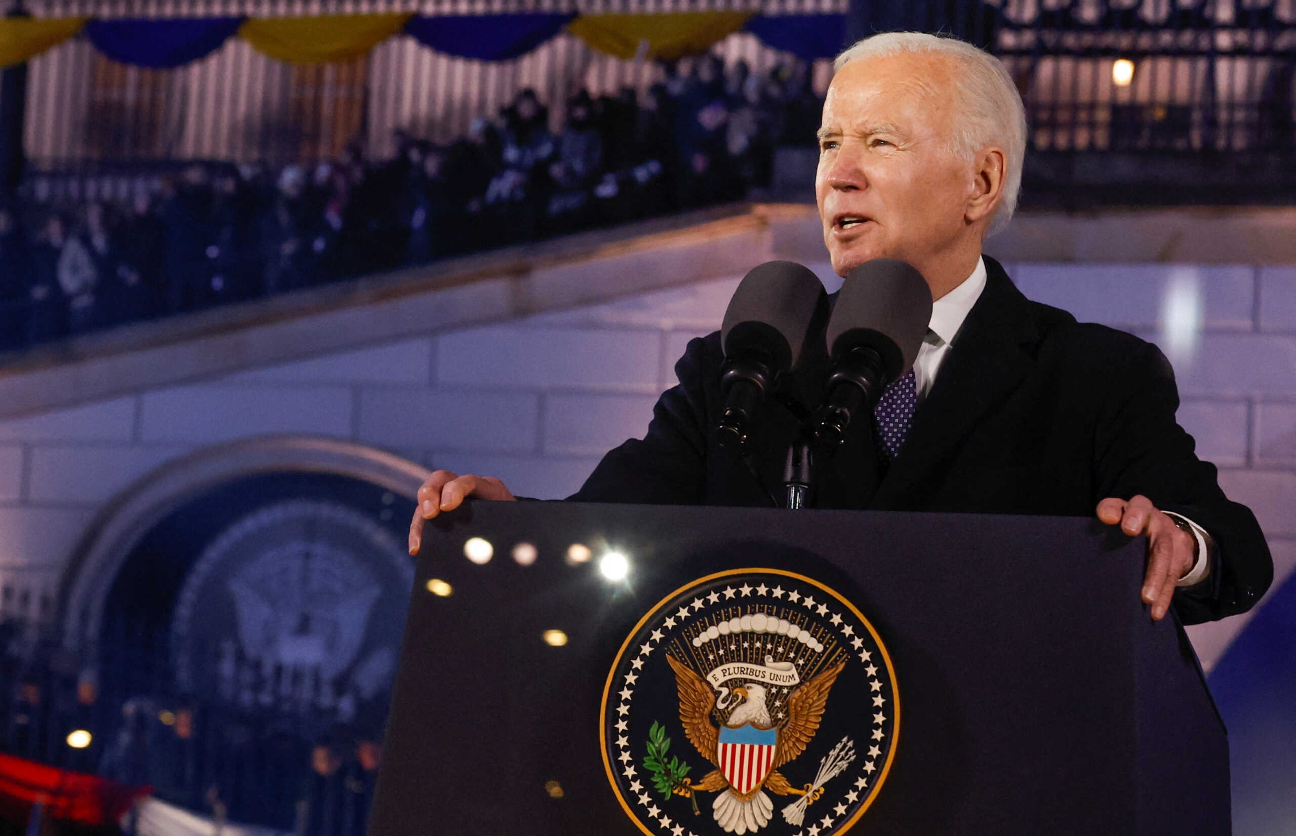 U.S. President Joe Biden delivers remarks ahead of the one year anniversary of Russia's invasion of Ukraine, outside the Royal Castle, in Warsaw, Poland, February 21, 2023. REUTERS
