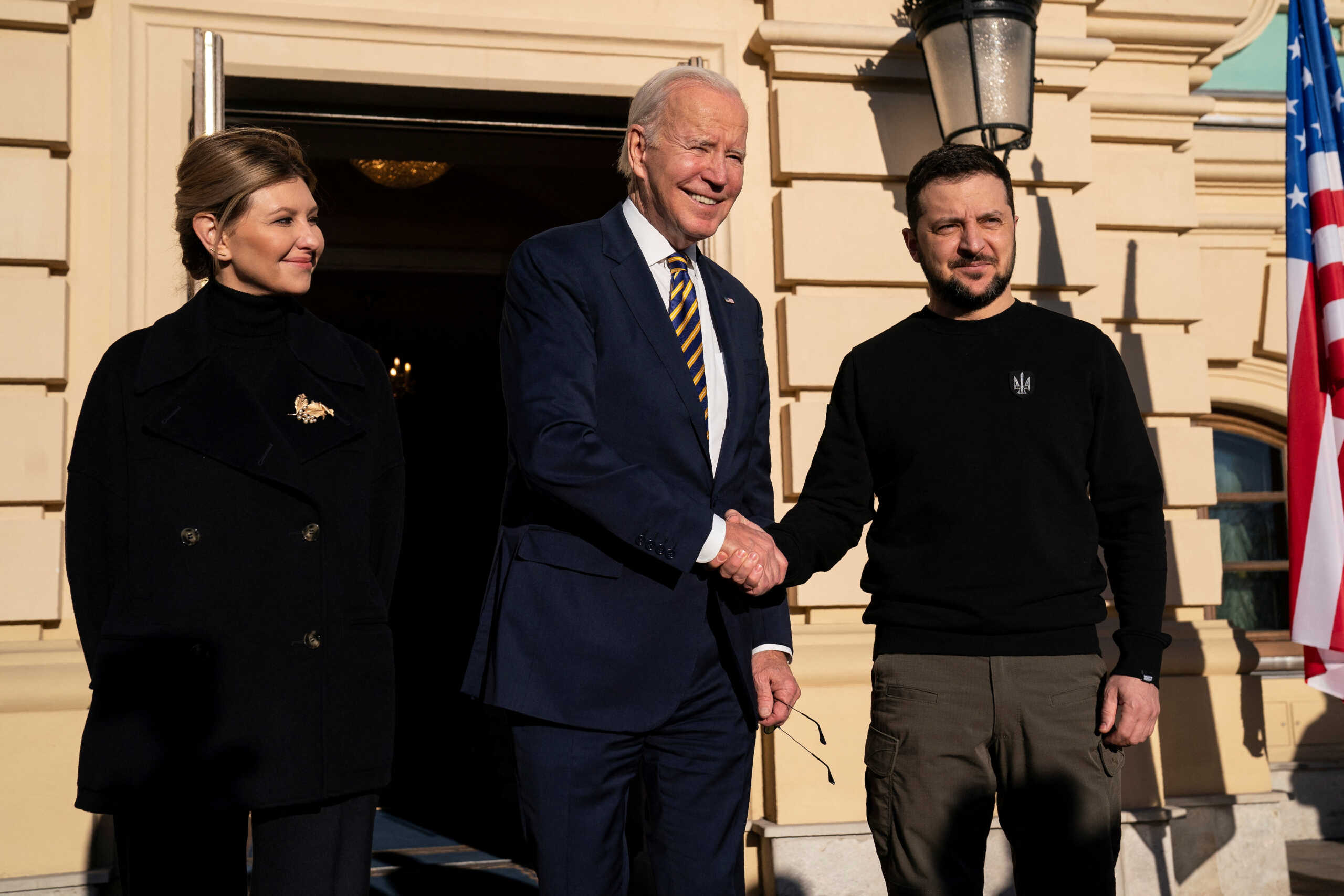 Ukraine's President Volodymyr Zelenskiy and his wife Olena Zelenska welcome U.S. President Joe Biden at Mariinsky Palace on an unannounced visit, in Kyiv, Ukraine, February 20, 2023. Evan Vucci