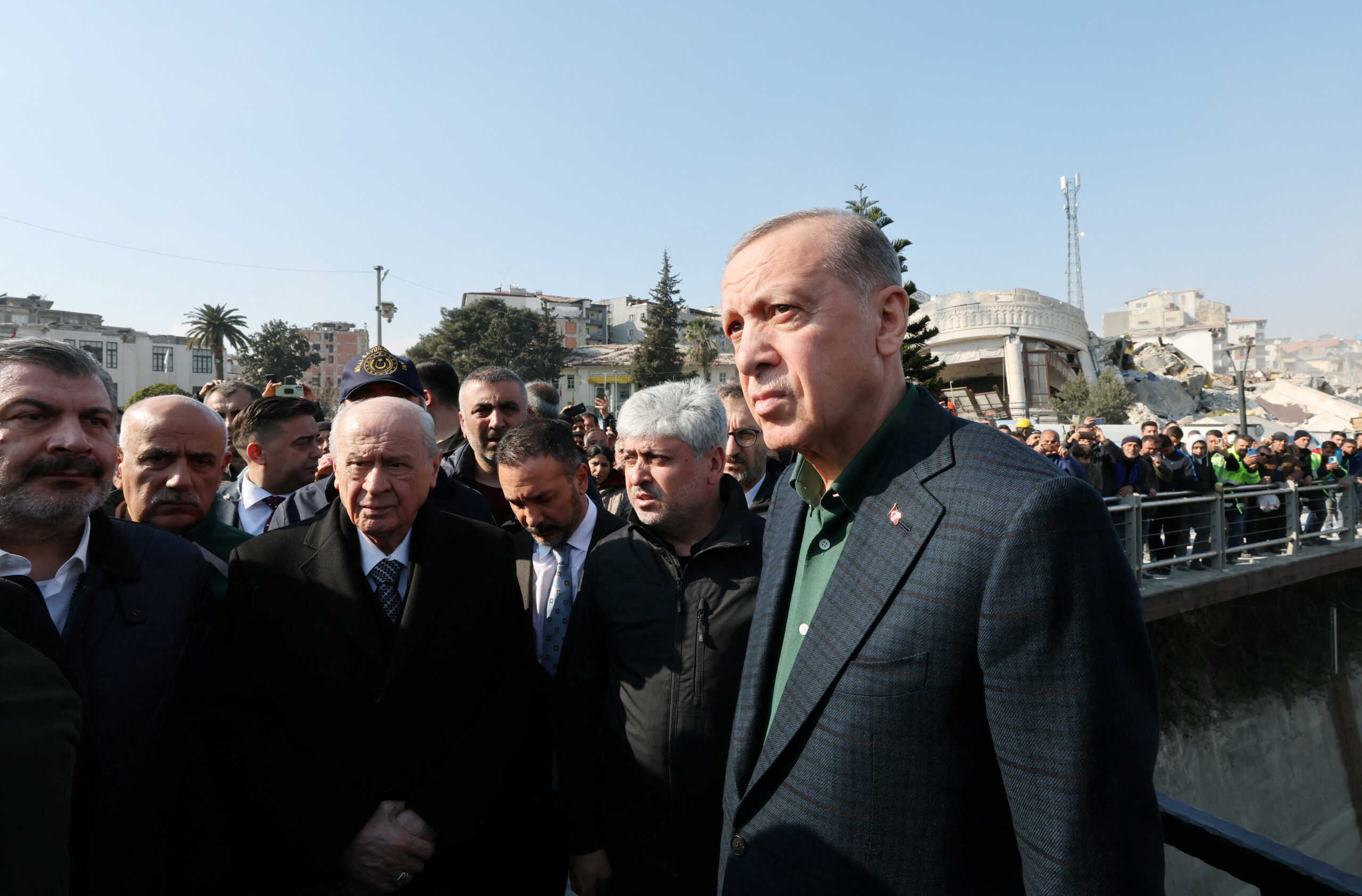 Turkish President Tayyip Erdogan and Devlet Bahceli, leader of the Nationalist Movement Party (MHP), visit Antakya in Hatay province, Turkey February 20, 2023. Murat Cetinmuhurdar