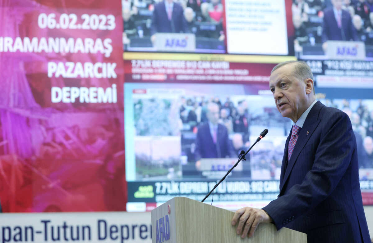 Turkish President Tayyip Erdogan speaks at the coordination center of Turkey's Disaster and Emergency Management Authority (AFAD) in Ankara, Turkey February 6, 2023.?Presidential Press Office