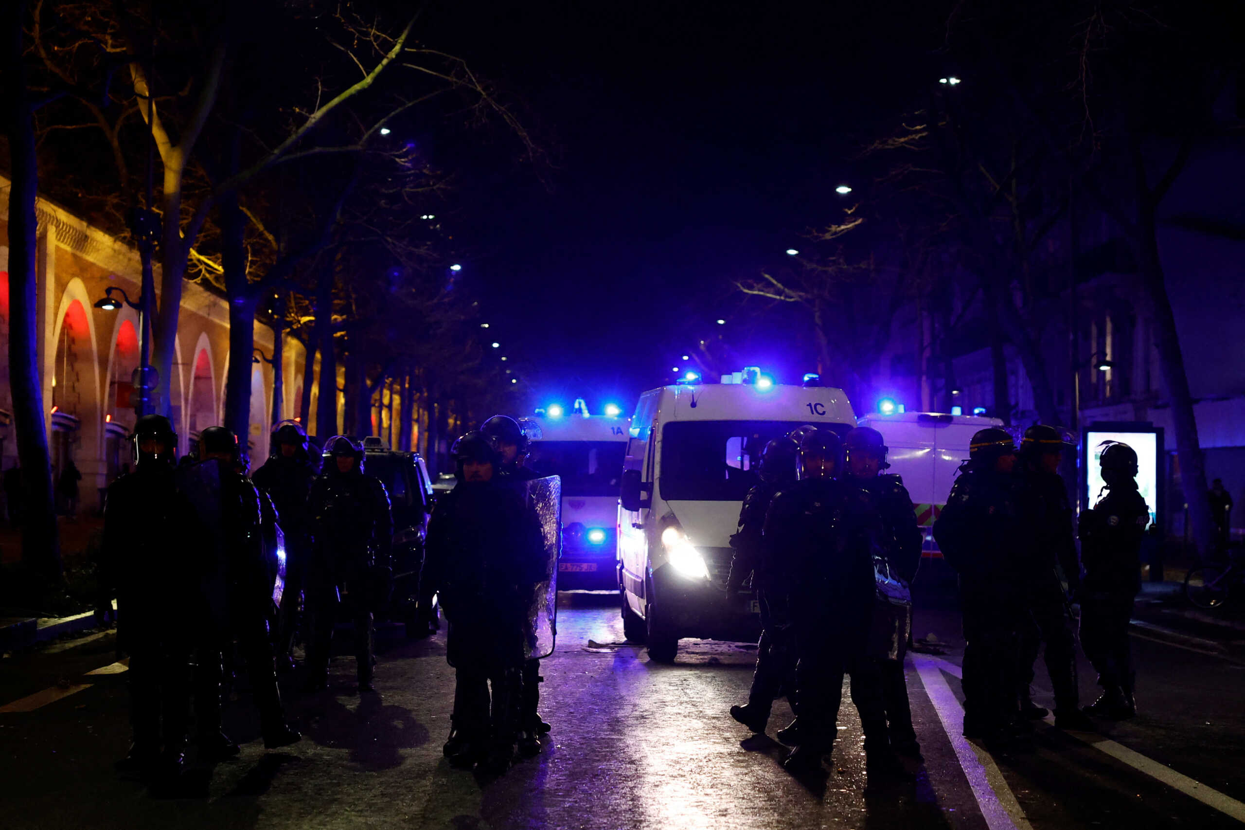 French CRS riot police stand on position during a demonstration against French government's pension reform plan in Paris as part of a day of national strike and protests in France, January 19, 2023.  REUTERS