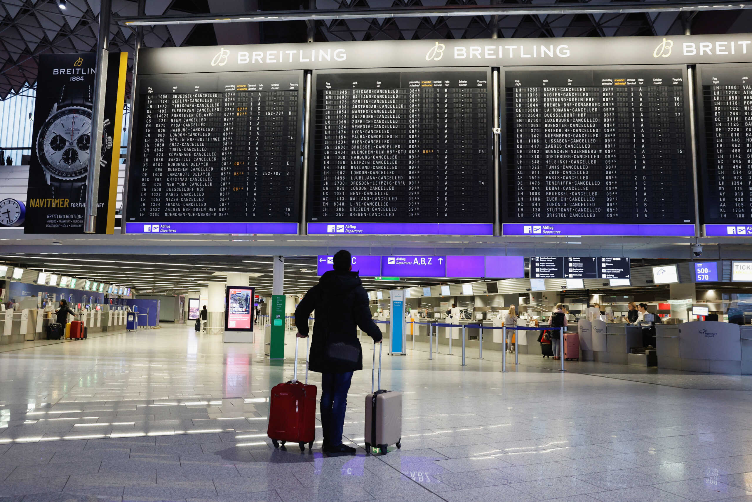 A view of Frankfurt Airport as workers strike, after German trade union Verdi called on workers at Frankfurt, Munich, Stuttgart, Hamburg, Dortmund, Hanover and Bremen airports to go on a 24-hour strike, in Frankfurt, Germany February 17, 2023. REUTERS