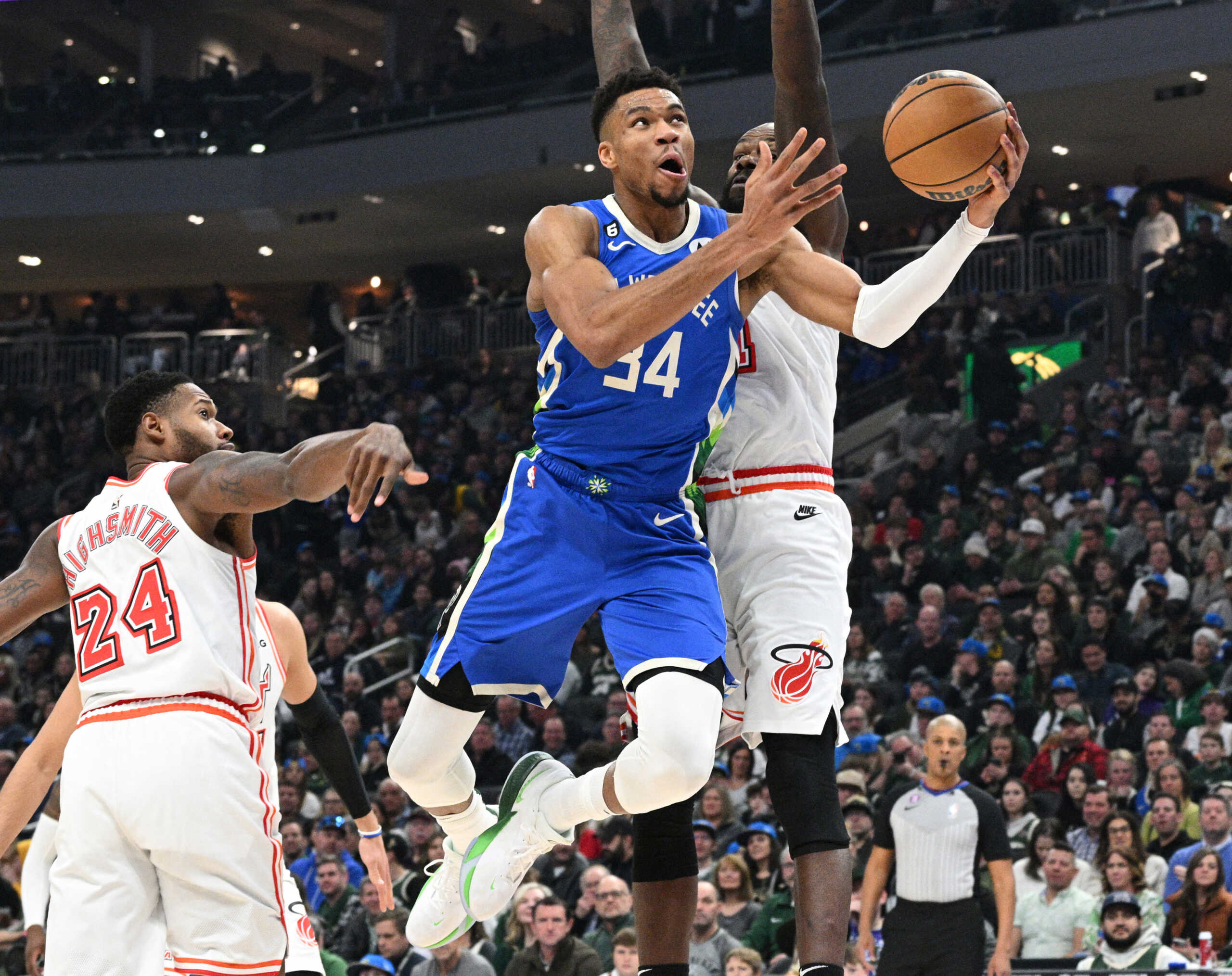 Feb 4, 2023; Milwaukee, Wisconsin, USA; Milwaukee Bucks forward Giannis Antetokounmpo (34) drives to the basket against the Miami Heat in the first half at Fiserv Forum. Mandatory Credit: Michael McLoone-USA TODAY Sports