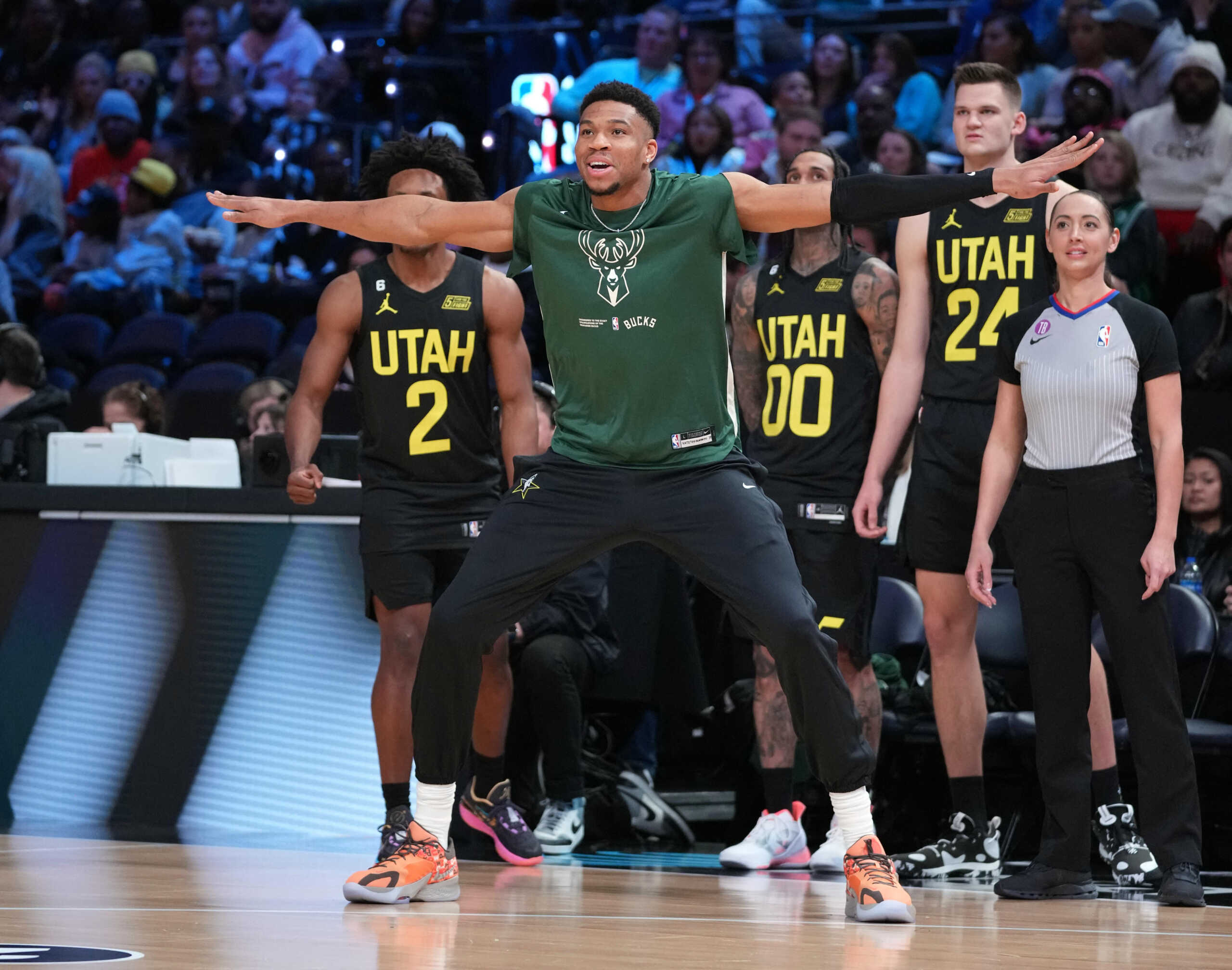 Feb 18, 2023; Salt Lake City, UT, USA; Team Antetokounmpo forward Giannis Antetokounmpo (34) reacts in the Skills Competition during the 2023 All Star Saturday Night at Vivint Arena. Mandatory Credit: Kyle Terada-USA TODAY Sports