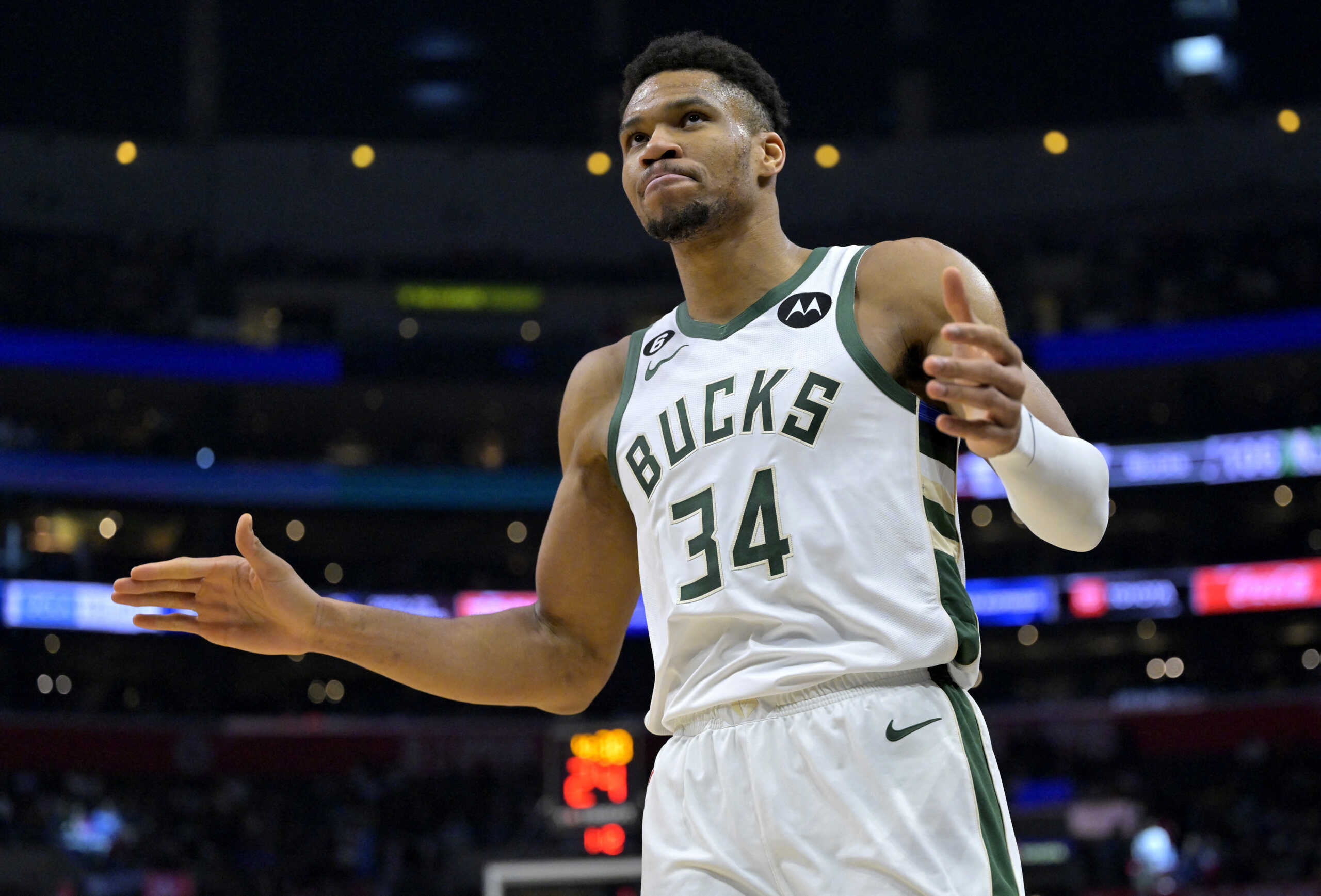 Feb 10, 2023; Los Angeles, California, USA;   Milwaukee Bucks forward Giannis Antetokounmpo (34) reacts to the crowd after a basket in the fourth quarter against the Los Angeles Clippers at Crypto.com Arena. Mandatory Credit: Jayne Kamin-Oncea-USA TODAY Sports