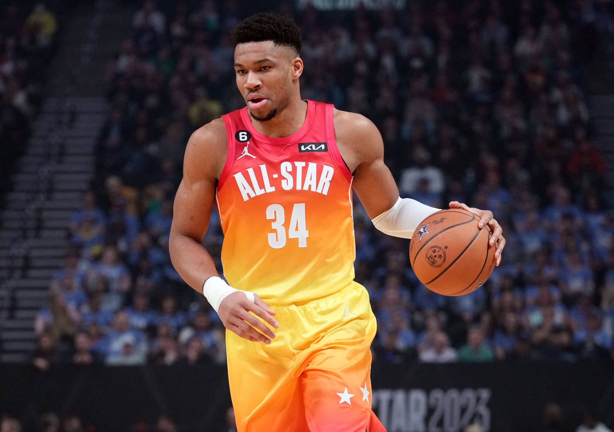 Feb 19, 2023; Salt Lake City, UT, USA; Team Giannis forward Giannis Antetokounmpo (34) dribbles the ball against Team LeBron in the 2023 NBA All-Star Game at Vivint Arena. Mandatory Credit: Kyle Terada-USA TODAY Sports