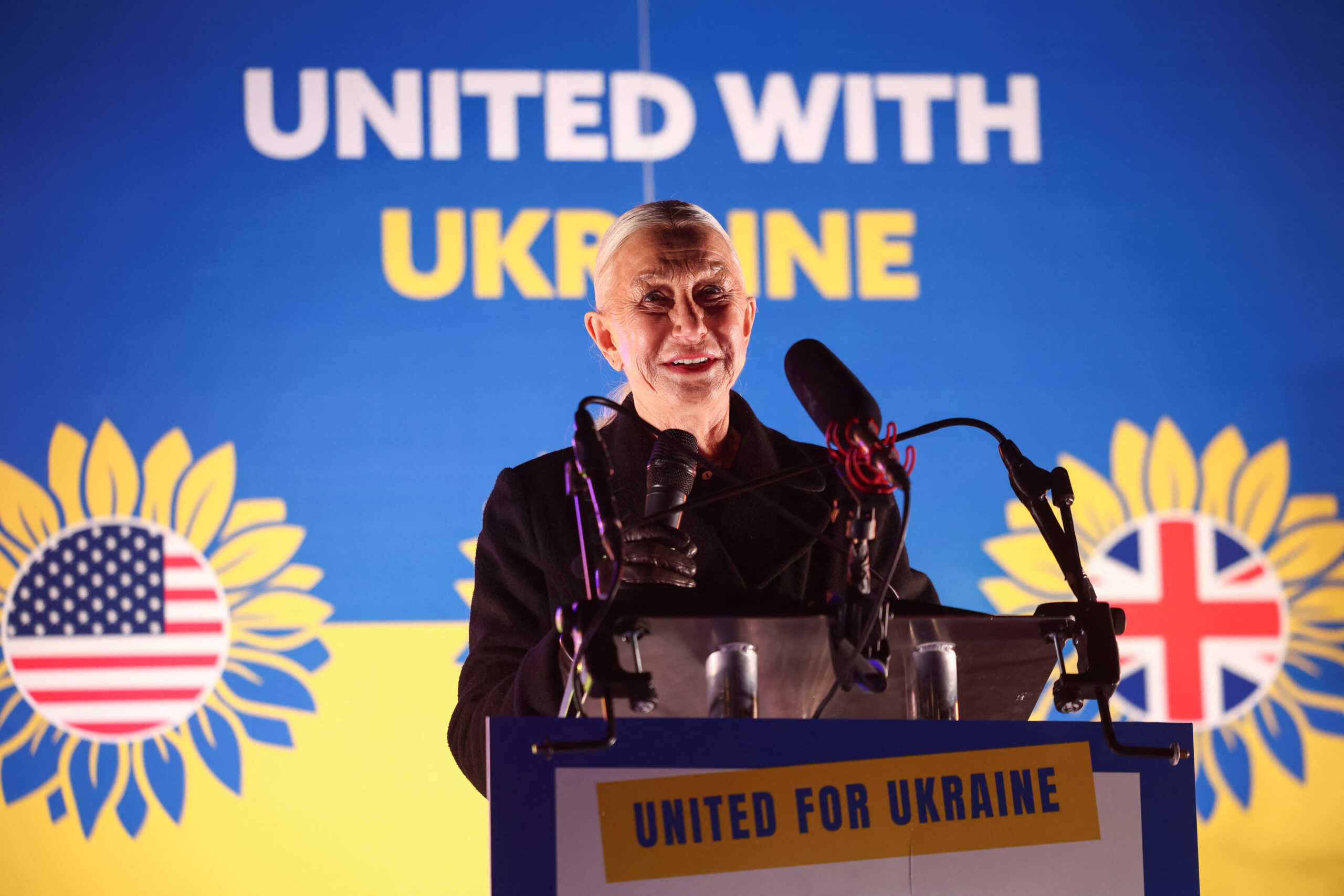 Actor Helen Mirren speaks during a vigil for Ukraine held on the anniversary of the conflict with Russia, at Trafalgar Square in London, Britain February 23, 2023. REUTERS