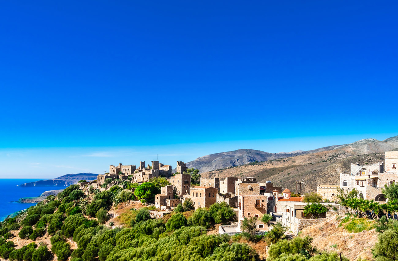 View on Old tower houses in village Vathia on Mani, Peloponnese Greece