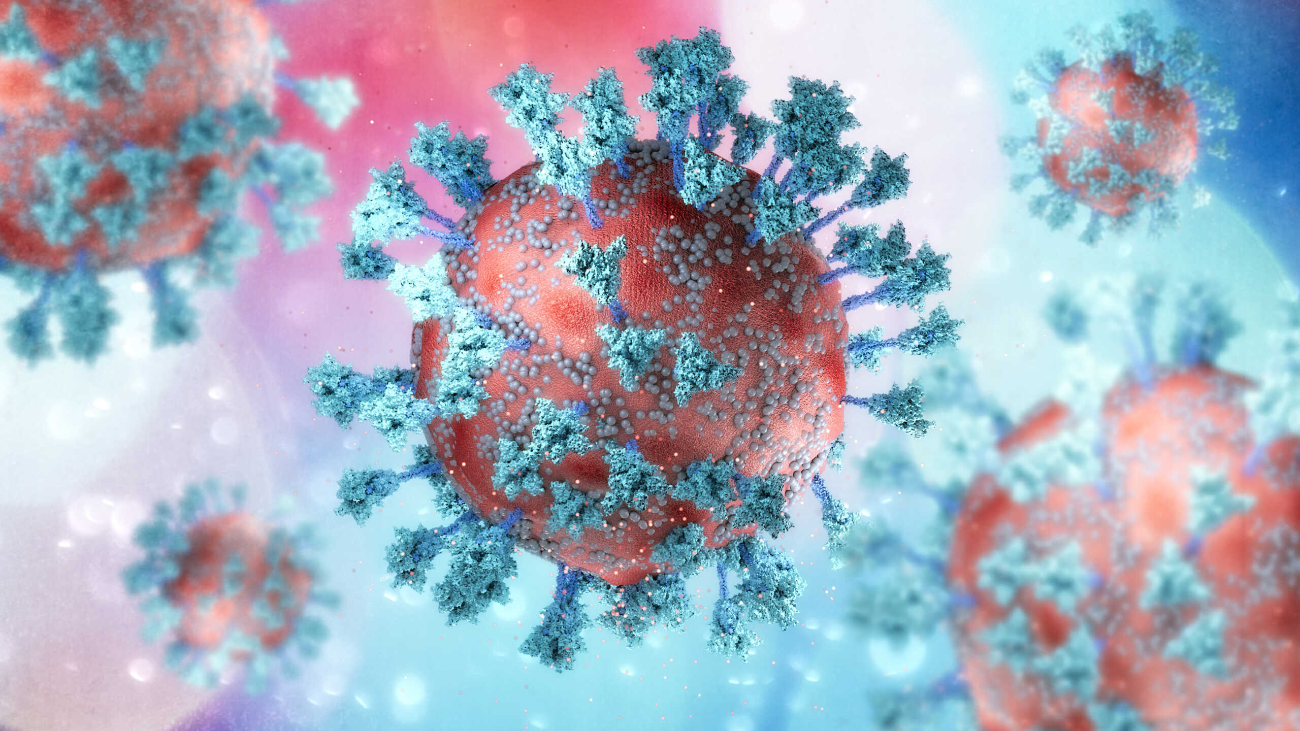 Virus variant, coronavirus, spike protein. Deltacron. Covid-19 seen under the microscope. SARS-CoV-2, 3d rendering