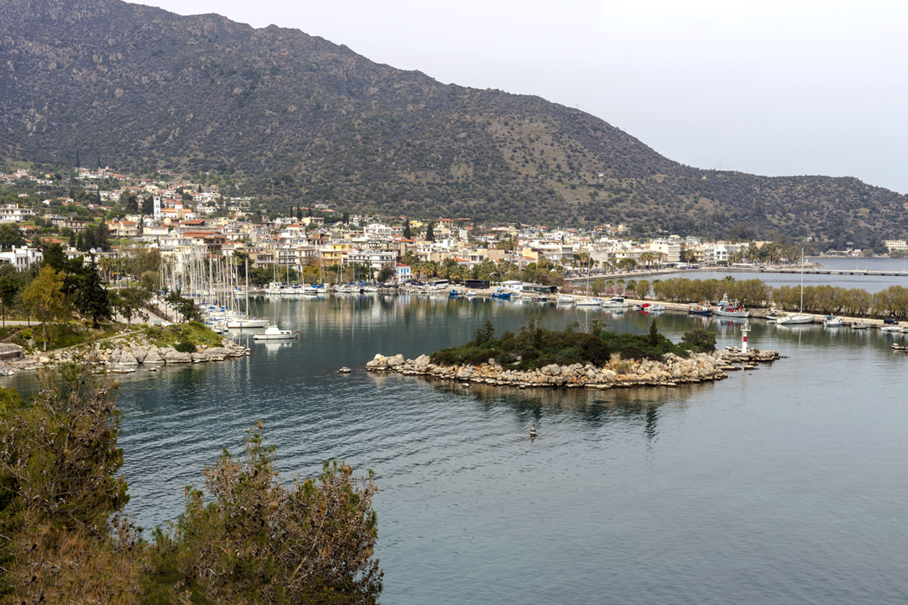 The volcanic peninsula of Methana in Greece. View of the mountains, the sea and the seaside town.