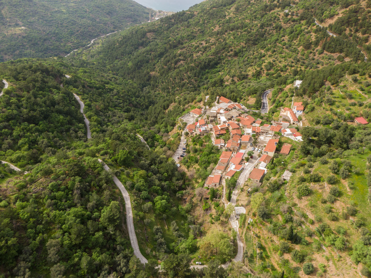 Drone view of traditional mountain village in Chios island, Greece