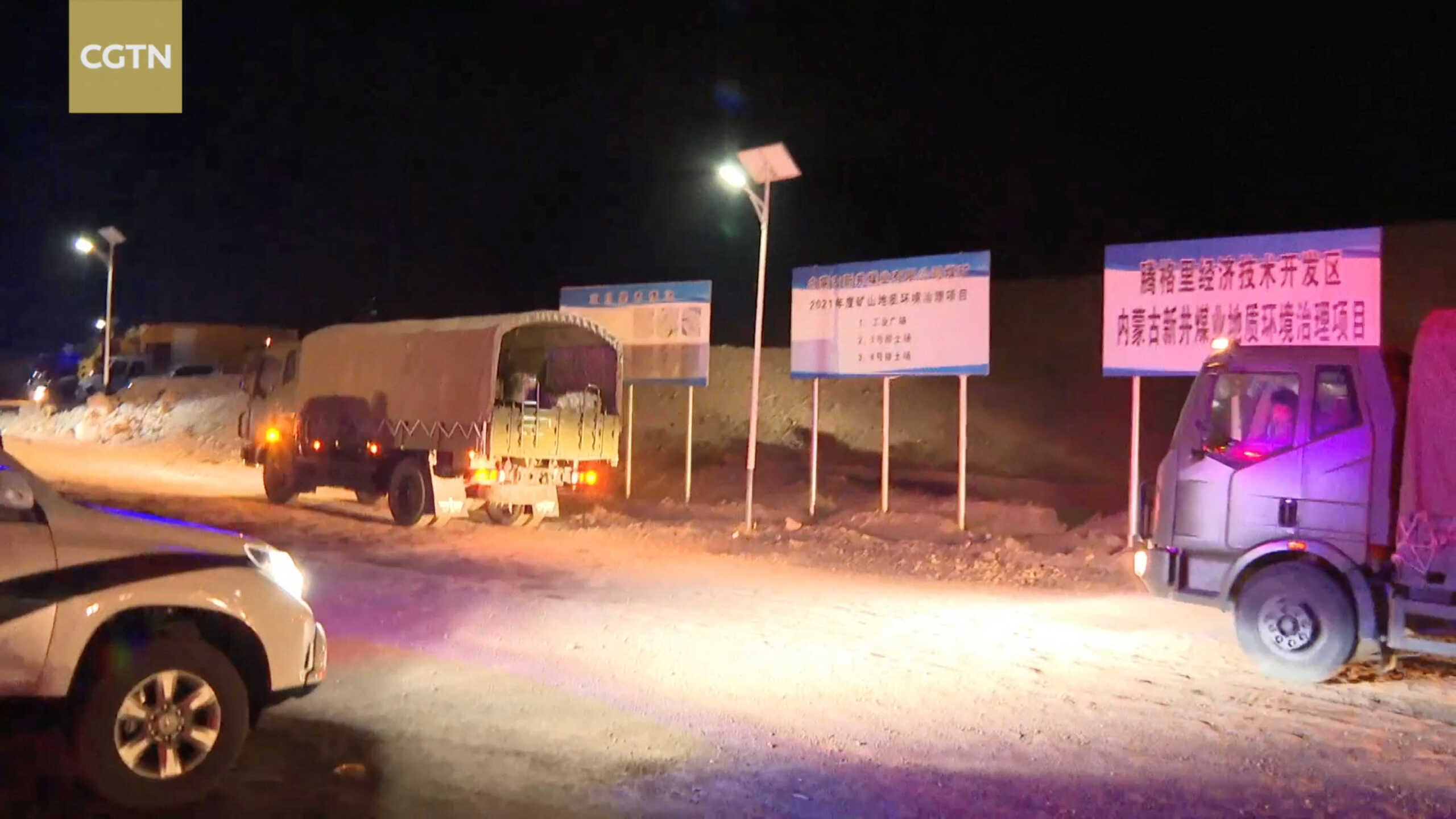 Emergency vehicles are seen at the site of a collapsed coal mine in Alxa League, Inner Mongolia Autonomous Region, China, in this screengrab taken from a video shot February 23, 2023. CGTN