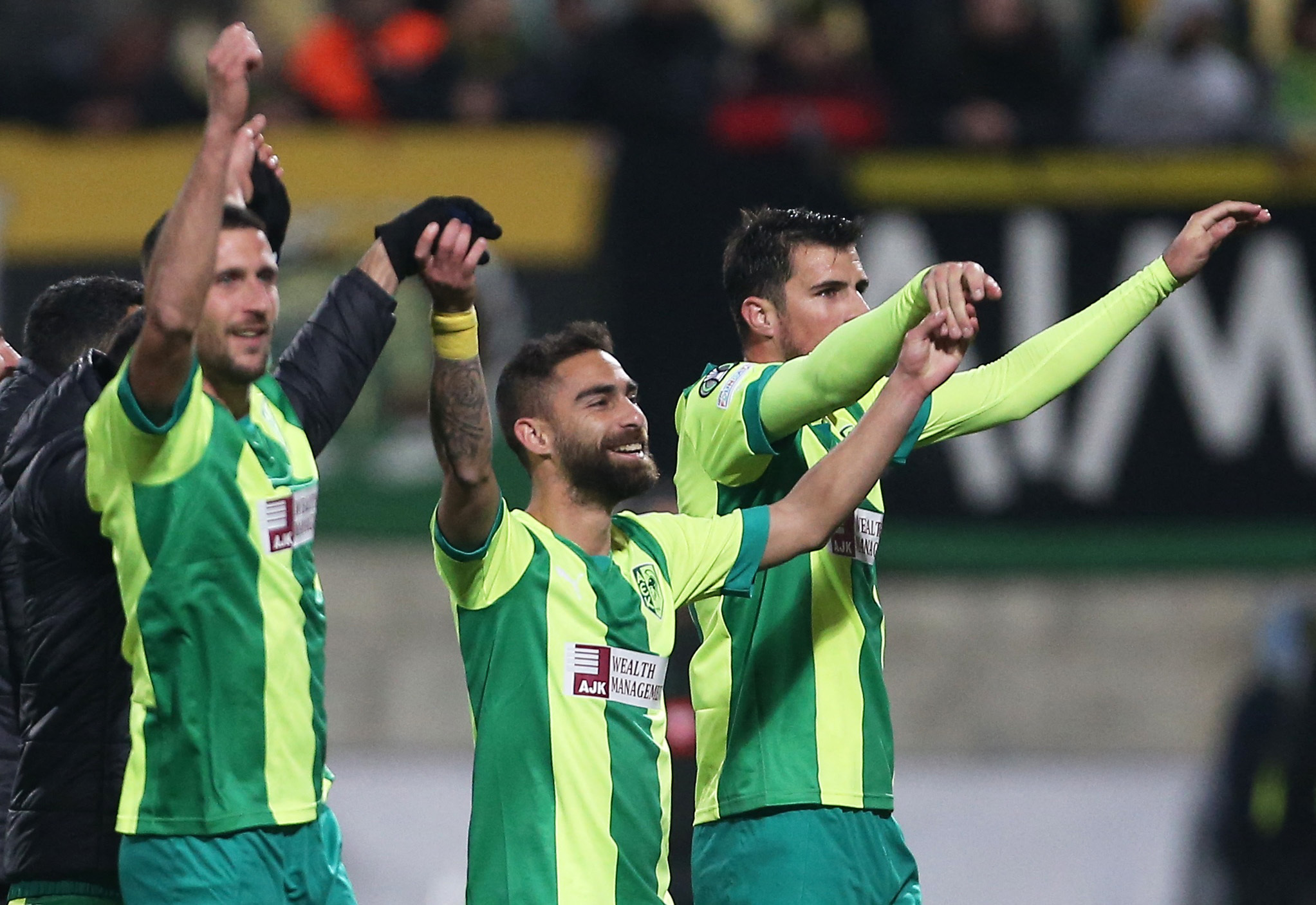 Soccer Football - Europa Conference League - Play-Off First Leg - AEK Larnaca v SC Dnipro-1 - AEK Arena, Larnaca, Cyprus - February 16, 2023 AEK Larnaca's Nikos Englezou celebrates after the match REUTERS