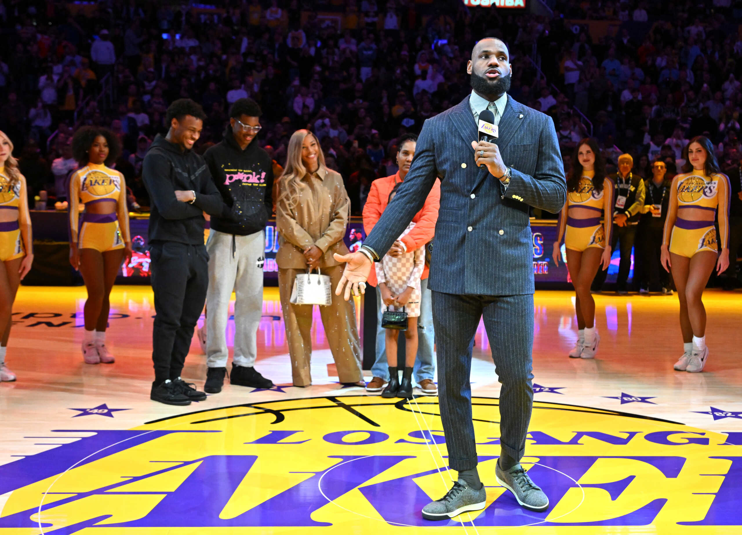Feb 9, 2023; Los Angeles, California, USA; Los Angeles Lakers forward LeBron James (6) talks to the crowd during a pregame ceremony at Crypto.com Arena. Mandatory Credit: Jayne Kamin-Oncea-USA TODAY Sports