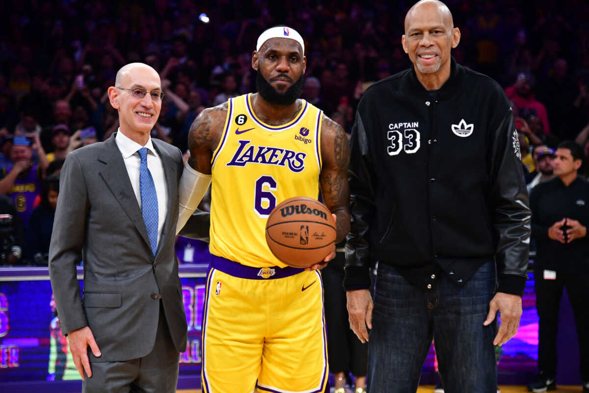 Feb 7, 2023; Los Angeles, California, USA; Los Angeles Lakers forward LeBron James (6) celebrates with NBA commissioner Adam silver and former Lakers player Kareem Abdul-Jabbar after breaking the record for all-time scoring in the NBA during the third quarter against the Oklahoma City Thunder at Crypto.com Arena. Mandatory Credit: Gary A. Vasquez-USA TODAY Sports
