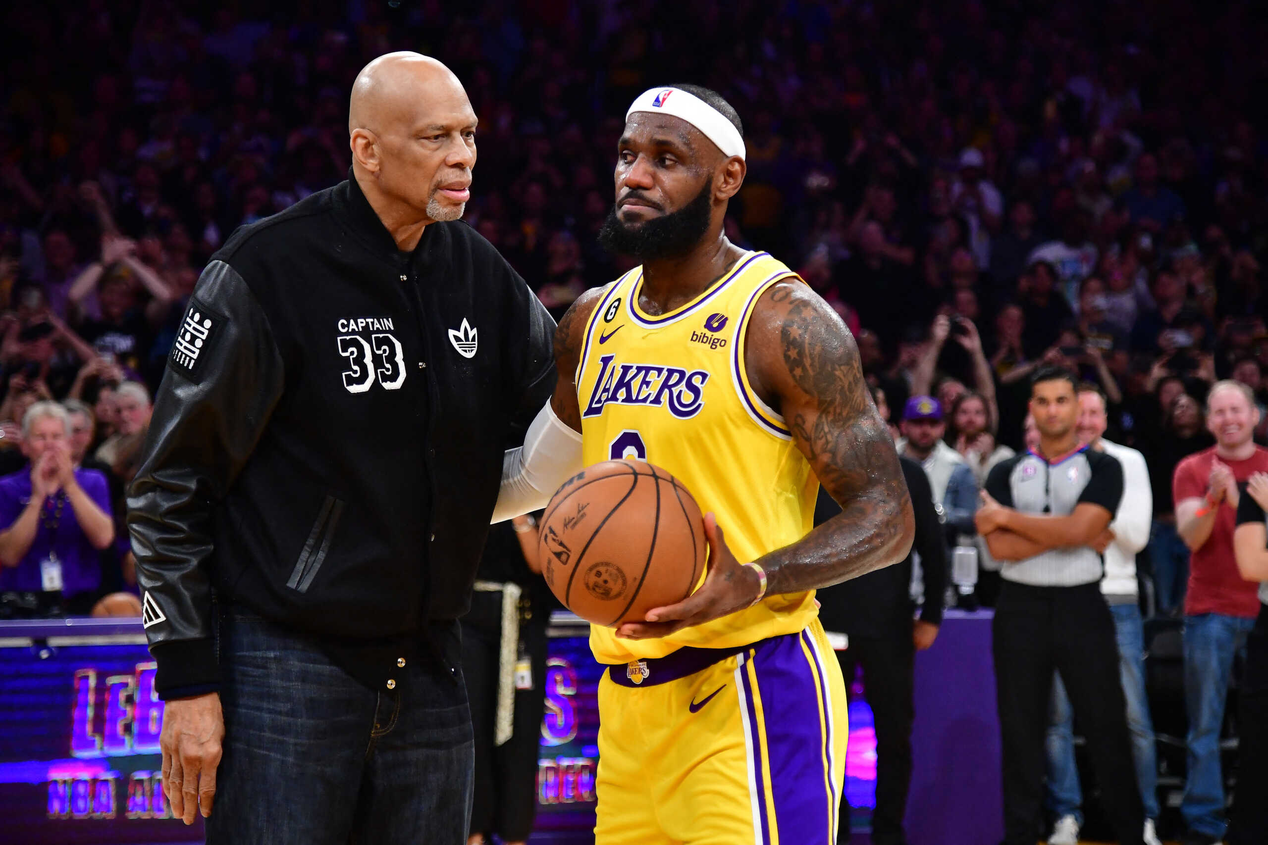 Feb 7, 2023; Los Angeles, California, USA; Los Angeles Lakers forward LeBron James (6) meets with former player Kareem Abdul-Jabbar after breaking the NBA all time scoring record against the Oklahoma City Thunder during the second half at Crypto.com Arena. Mandatory Credit: Gary A. Vasquez-USA TODAY Sports
