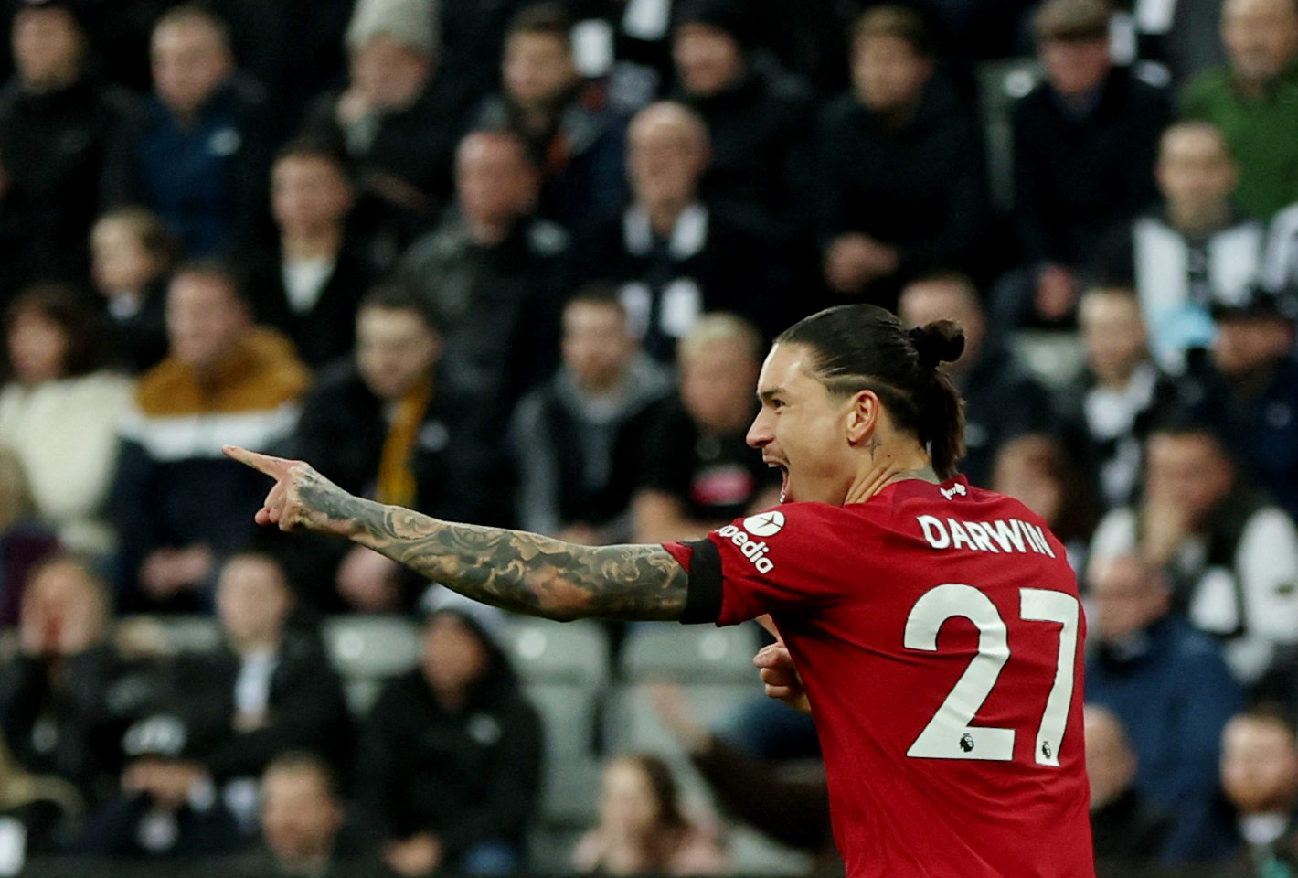 Soccer Football - Premier League - Newcastle United v Liverpool - St James' Park, Newcastle, Britain - February 18, 2023 Liverpool's Darwin Nunez celebrates scoring their first goal Action Images via Reuters