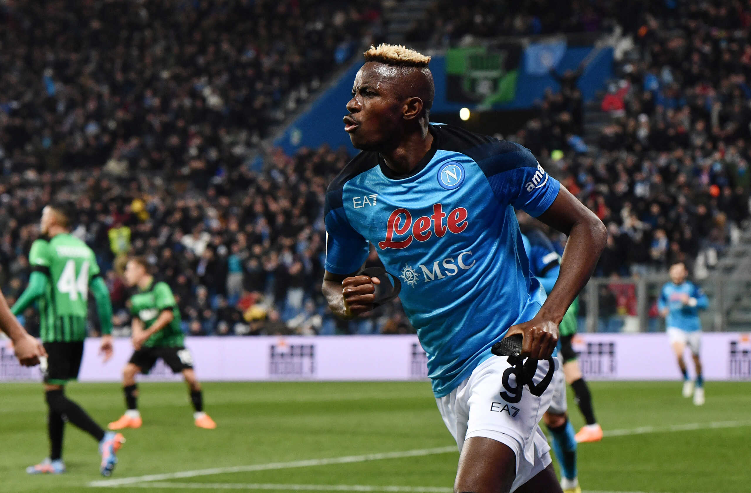 Soccer Football - Serie A - U.S. Sassuolo v Napoli - Mapei Stadium - Citta del Tricolore, Reggio Emilia, Italy - February 17, 2023 Napoli's Victor Osimhen celebrates scoring their second goal REUTERS